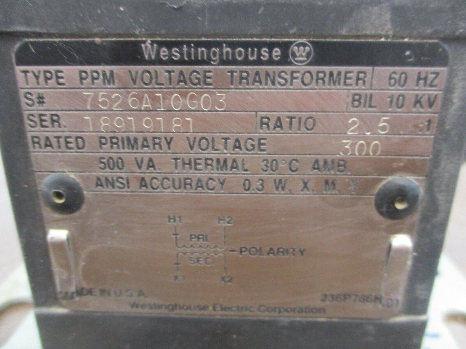 Westinghouse Type PPM Voltage Transformer 7526A10G03 Ratio 2.5:1 Pri: 300V 500VA