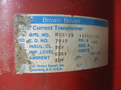 BBC ITE Current Transformer MCS-25 401572-K3 Ratio 100:5A 25-60Hz Used