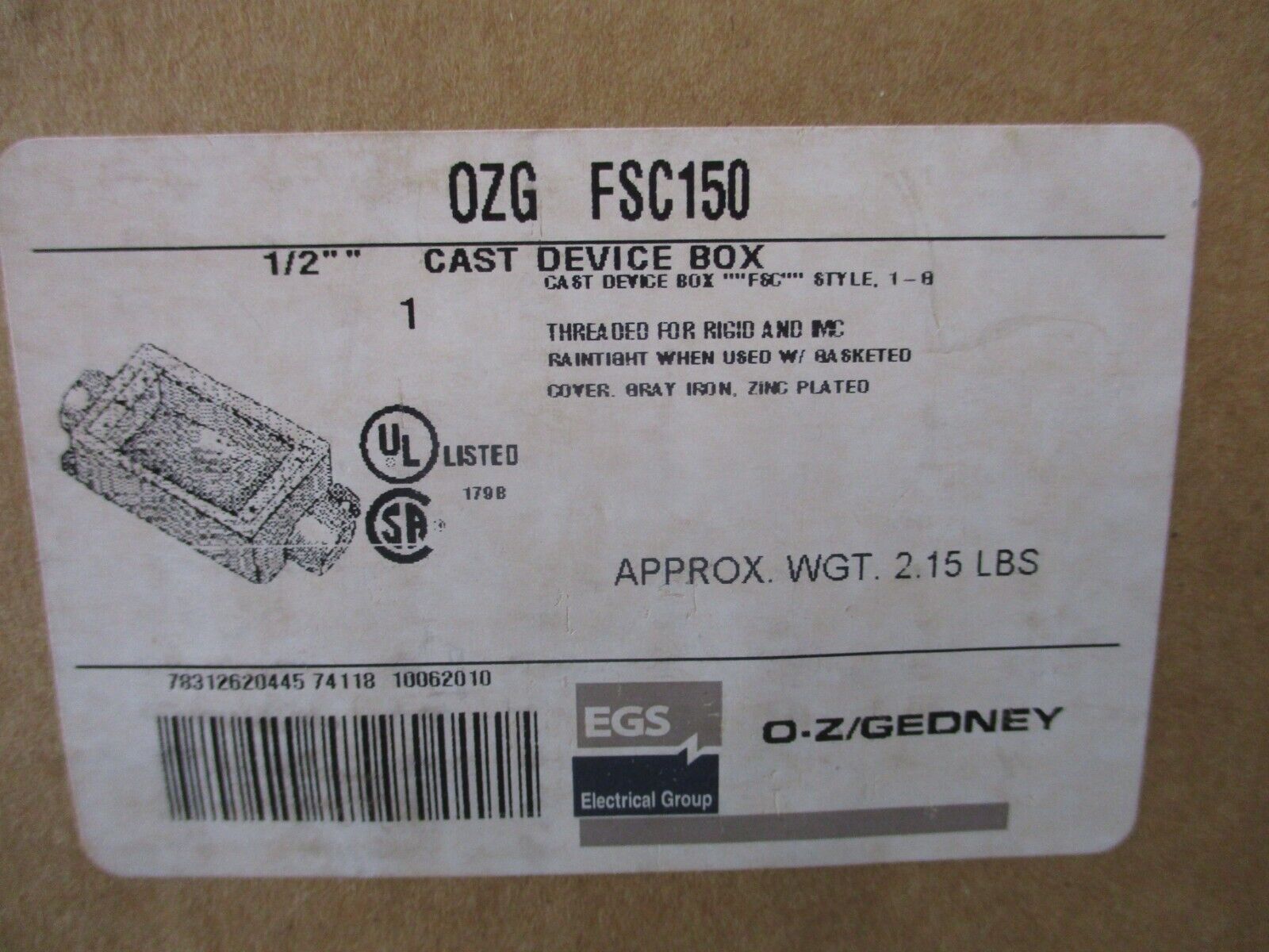 O-Z/Gedney Device Box OZG FSC150 1/2" Cast Iron Gray New Surplus