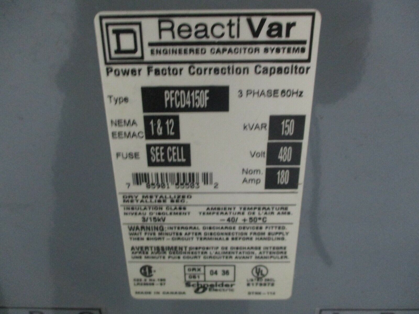 Square D Capacitor PFCD4150F 150KVAR 480V 180A Used