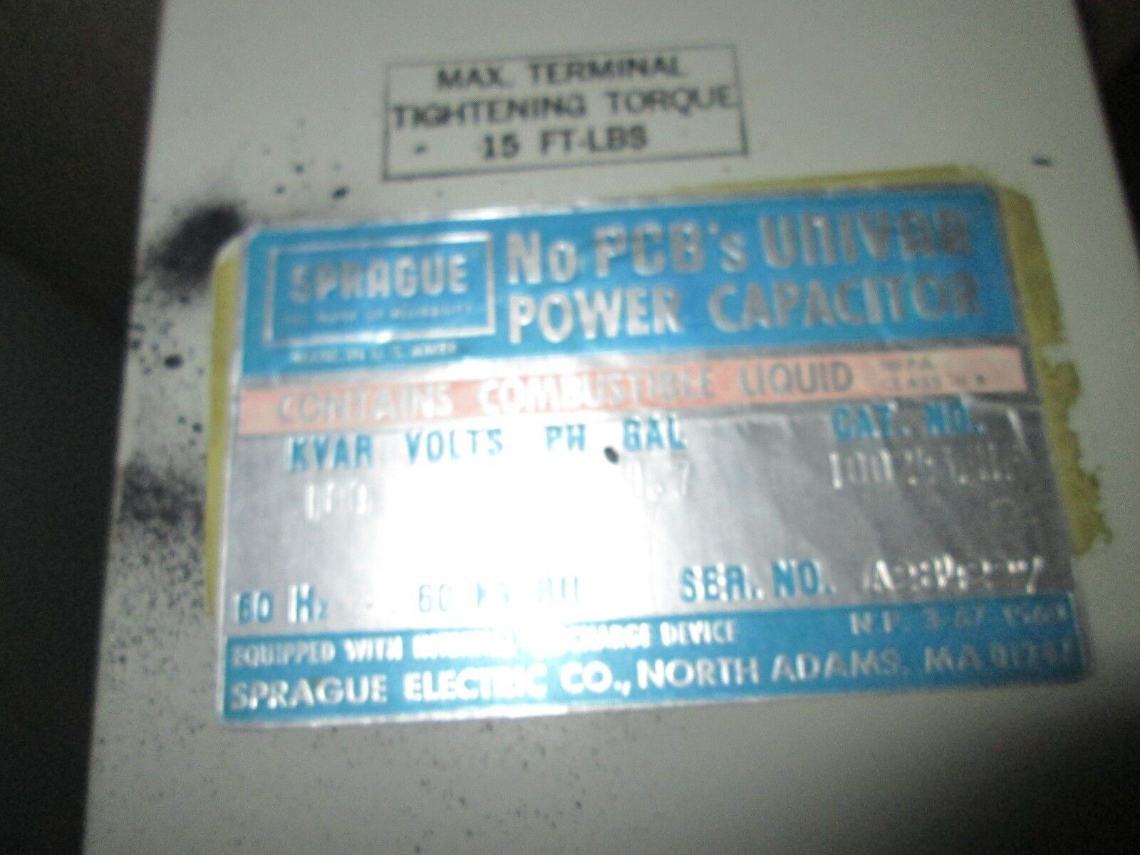 Sprague Power Capacitor 100243FHF 100KVAR 2400V 3Ph 60Hz Used