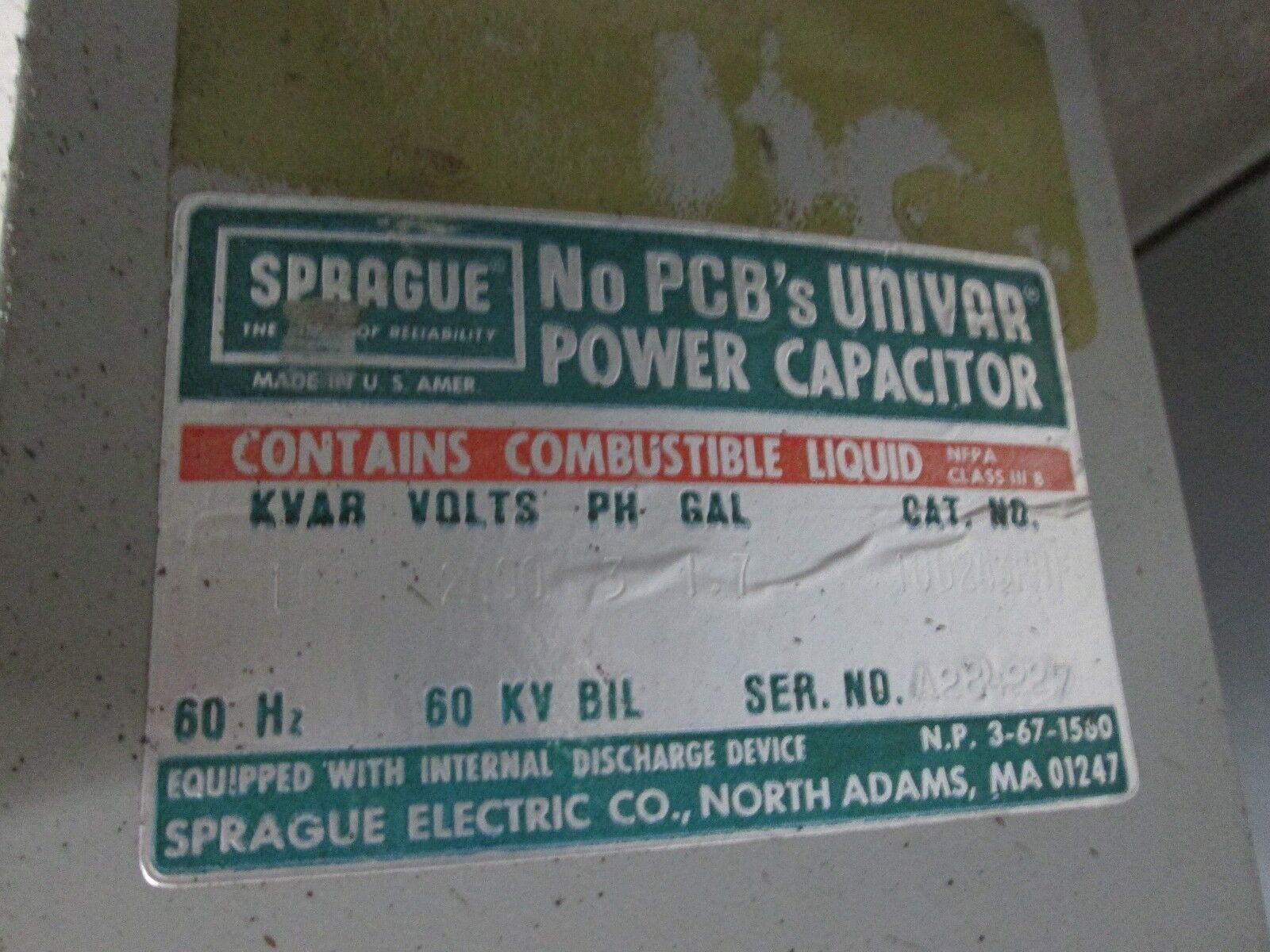 Sprague Power Capacitor 100243FHF 100KVAR 2400V 3Ph 60Hz Used