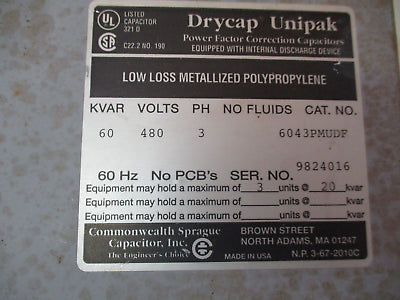 Commonwealth Sprague Drycap Unipak Capacitor 6043PMUDF 60kVAR 480V 3Ph 60Hz Used