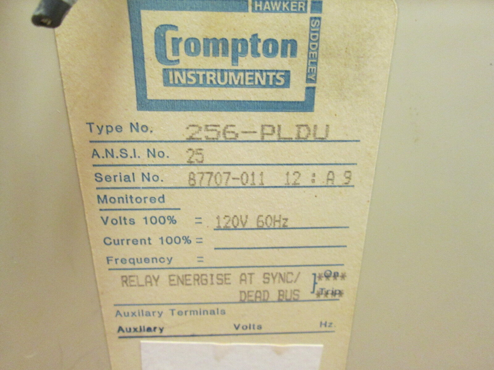 Crompton Protector Relay 256-PLDU 120V 60Hz Used
