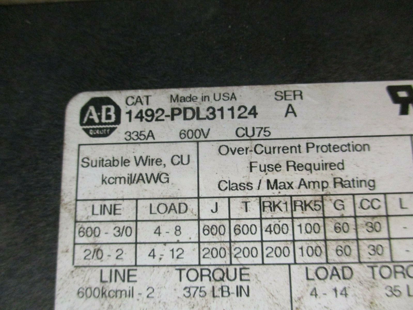 Allen-Bradley Power Distribution Block 1492-PDL31124 Ser. A 335A 600V 1P Used