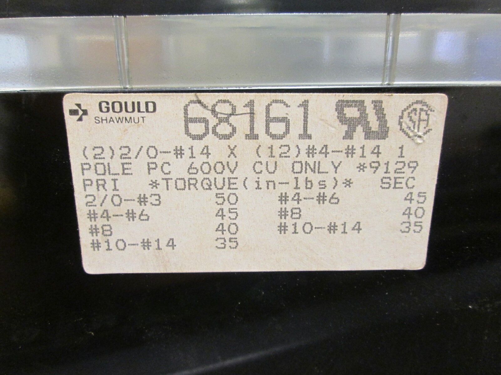 Gould Terminal Block 68161 Line (2) 2/0-#14 Load (12) #4-#14 1P Used