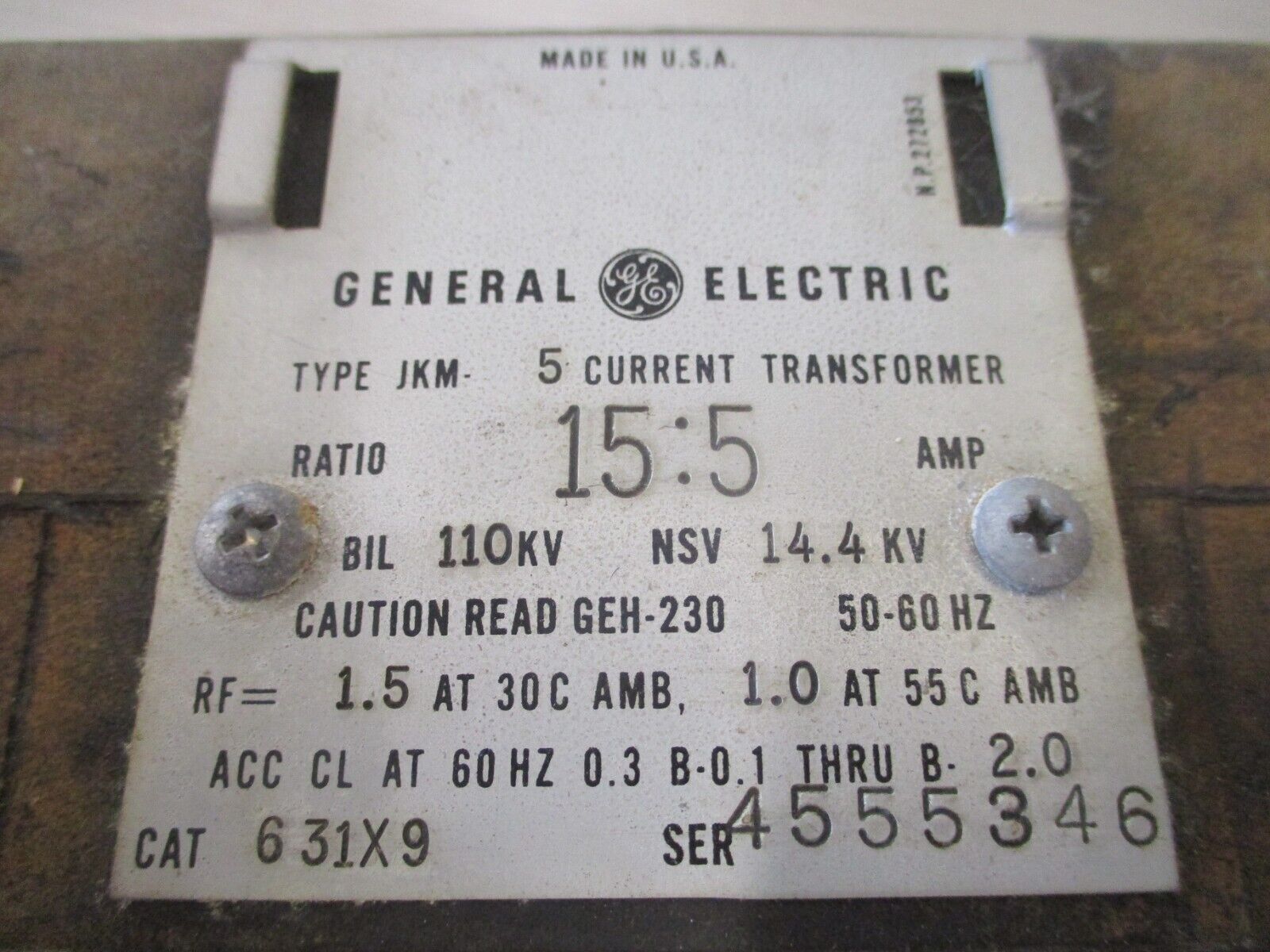 GE Type JKM-5 Current Transformer 631X9 Ratio 15:5A 110KV BIL 50-60HZ Used.