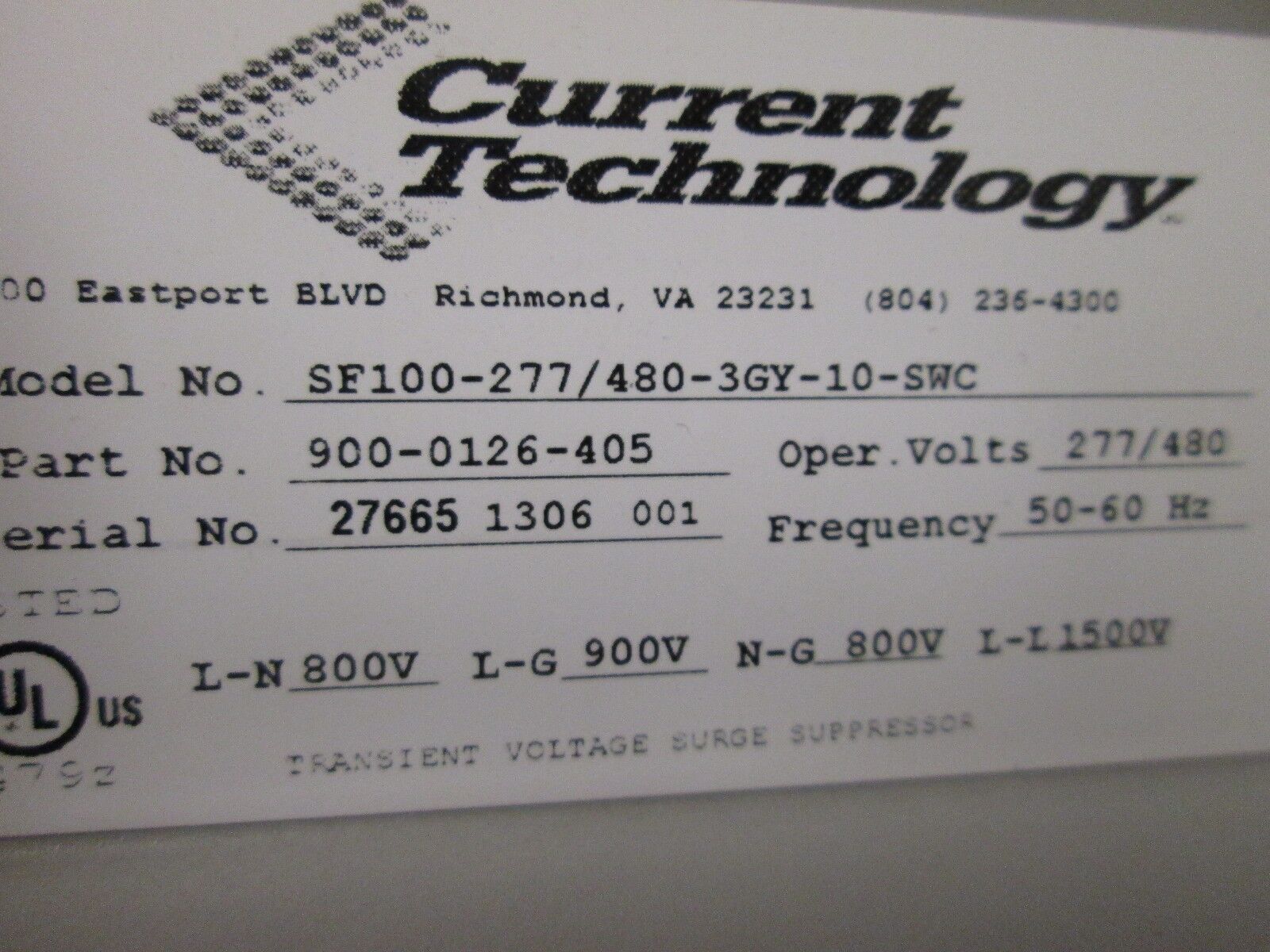 Current Technology Surge Suppressor SF100-277/480-3GY-10-SWC Nema 4X 277/480V