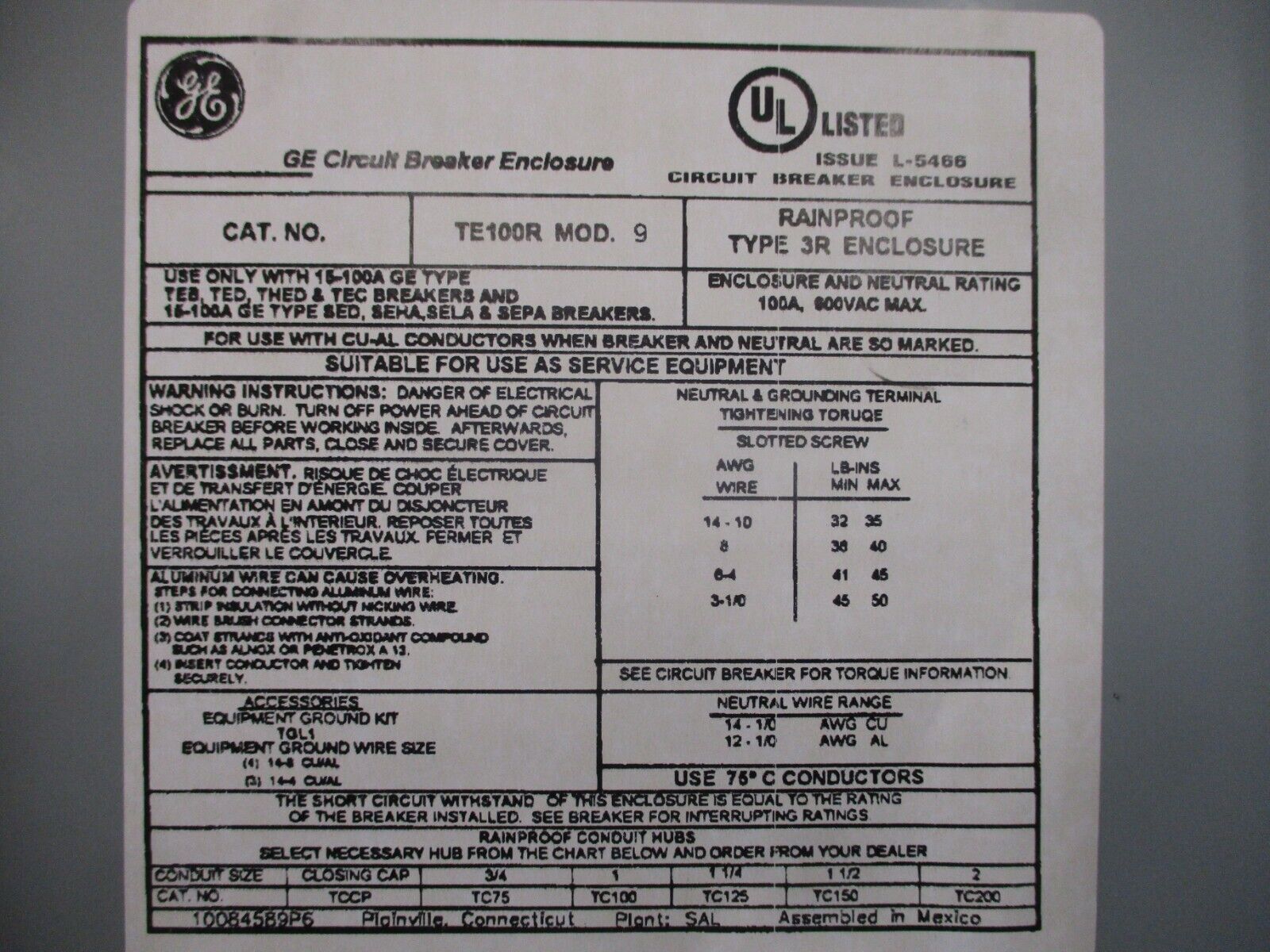 GE 3R Breaker Enclosure TE100R 100A 600V New Surplus