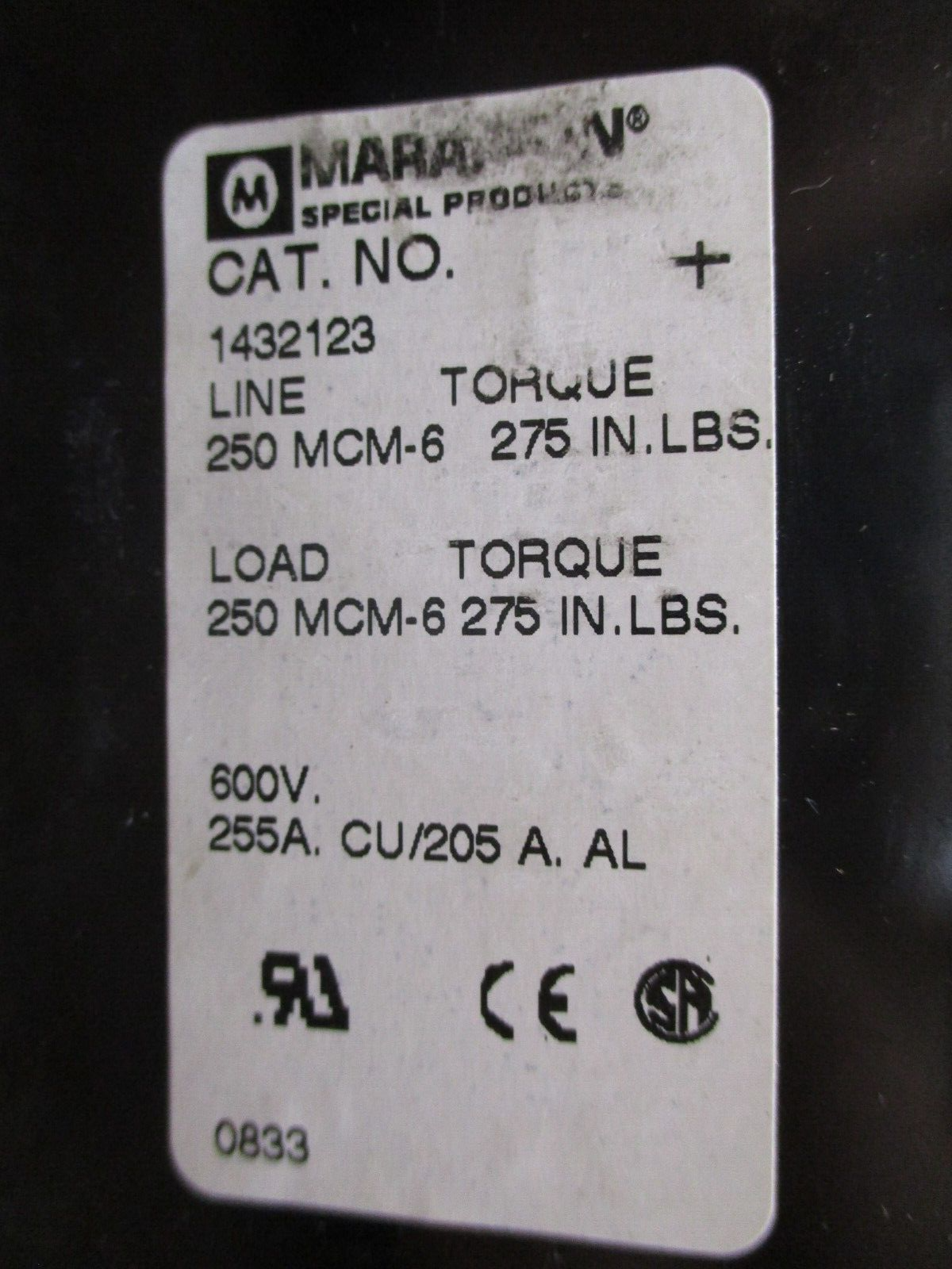 Marathon Power Distribution Block 1432123 255A 600V 2P Line/Load: 250MCM-6 Used