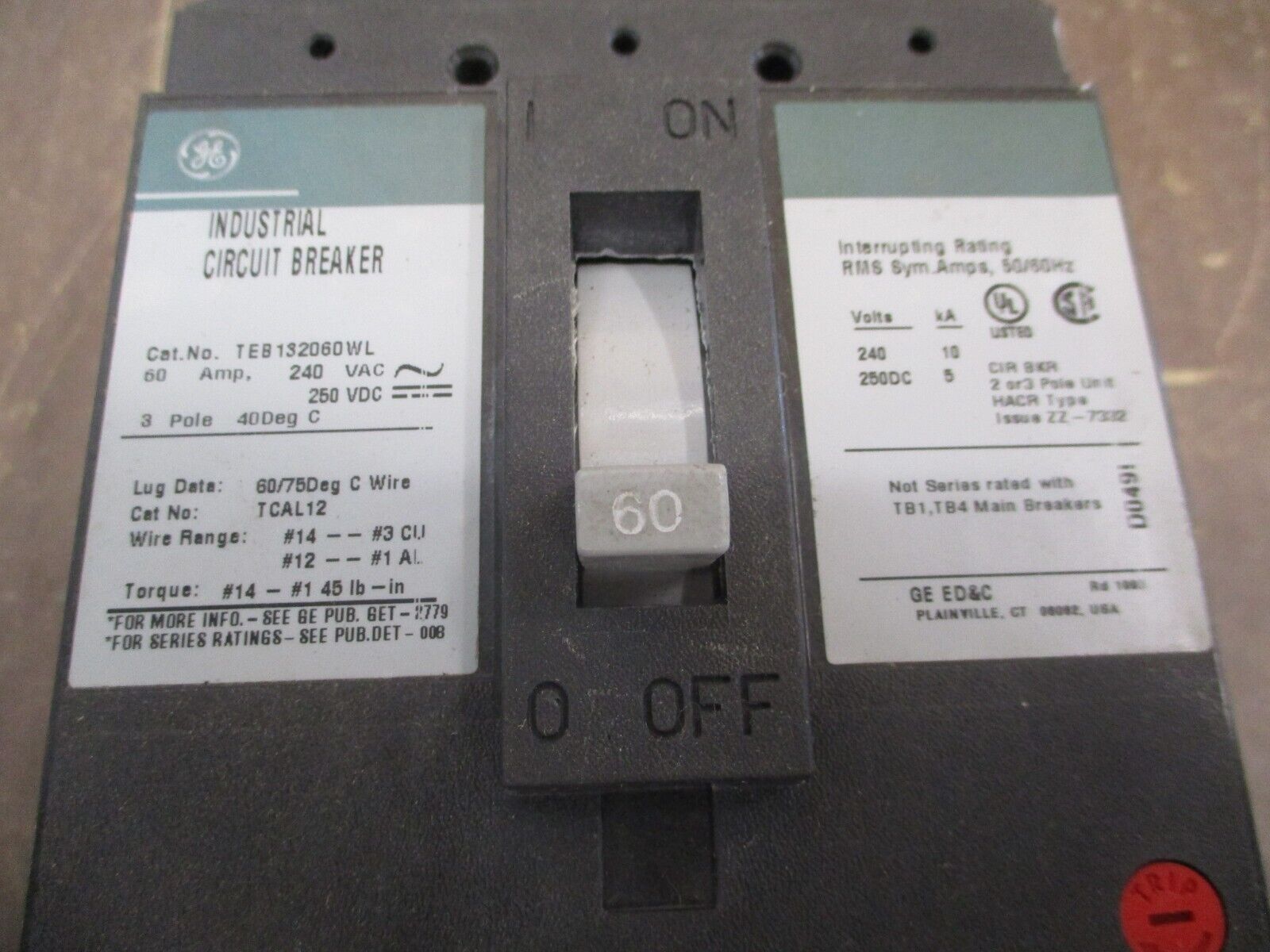 GE Circuit Breaker TEB132060WL 60A 240V 3P New Surplus