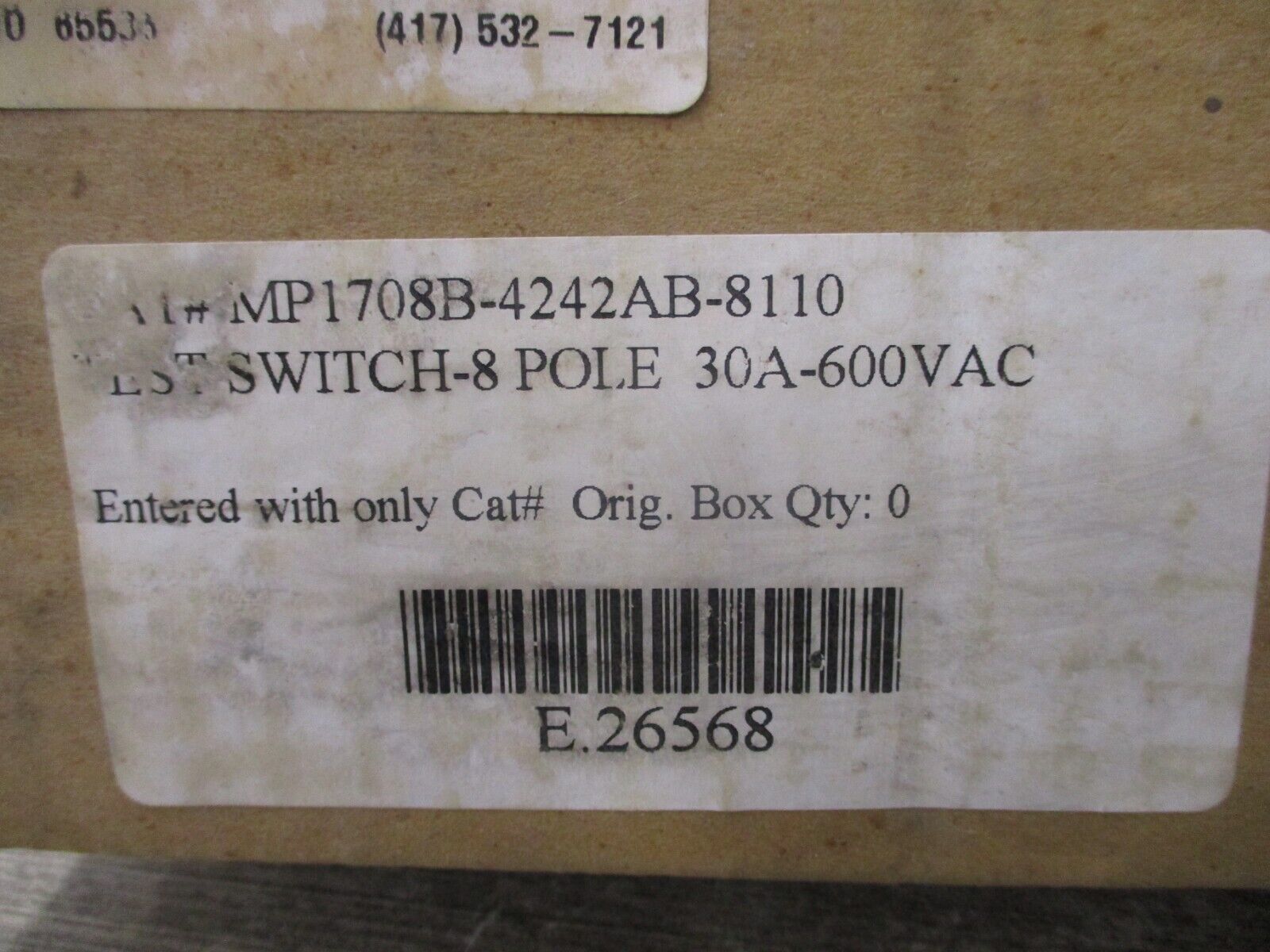 Durham Test Switch MP1708B-4242AB-8110 30A 600V 8P B/C W/Cover New Surplus