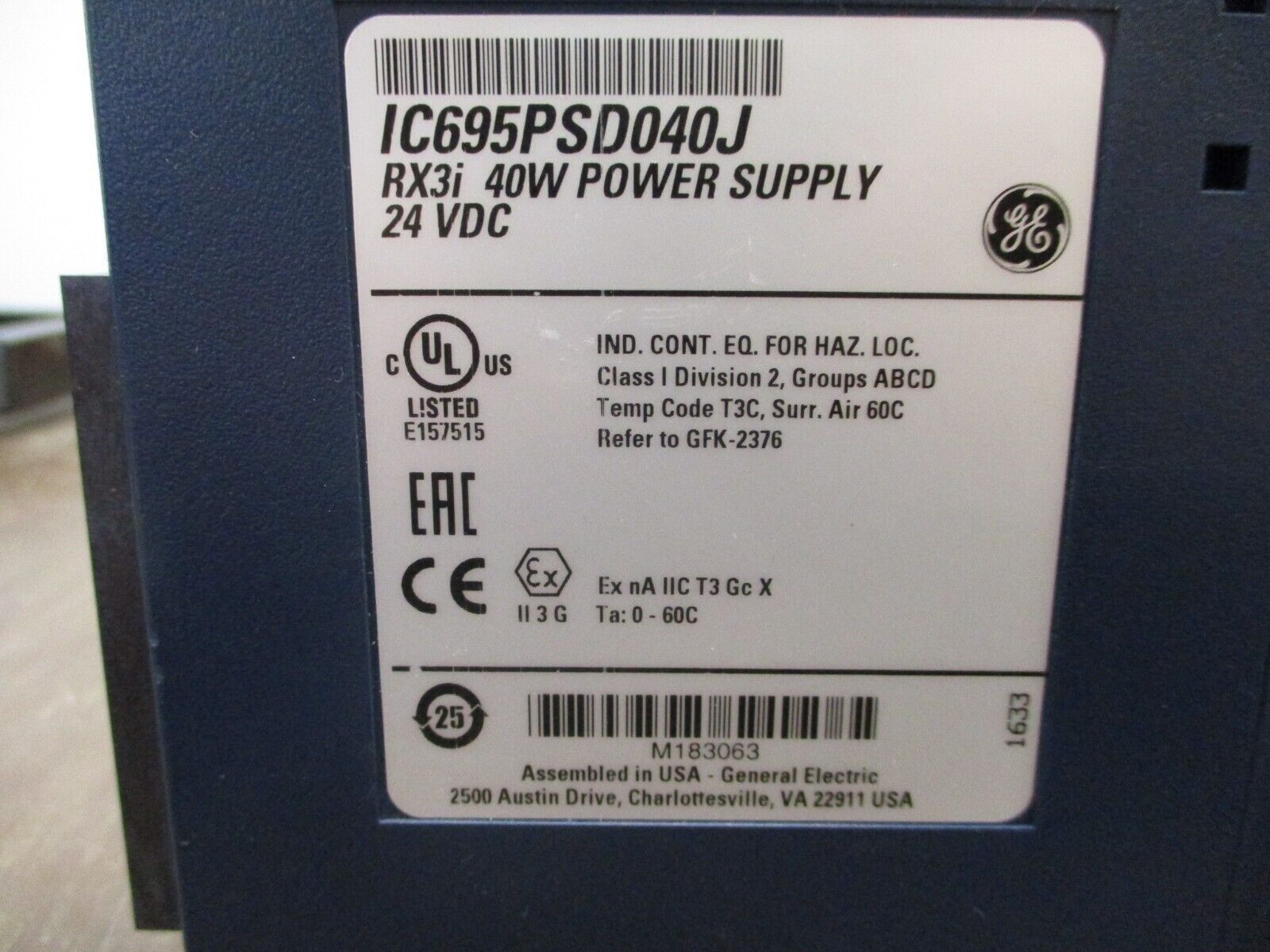 GE Fanuc RX3: 40W Power Supply Module IC695PSD040J 24VDC Used