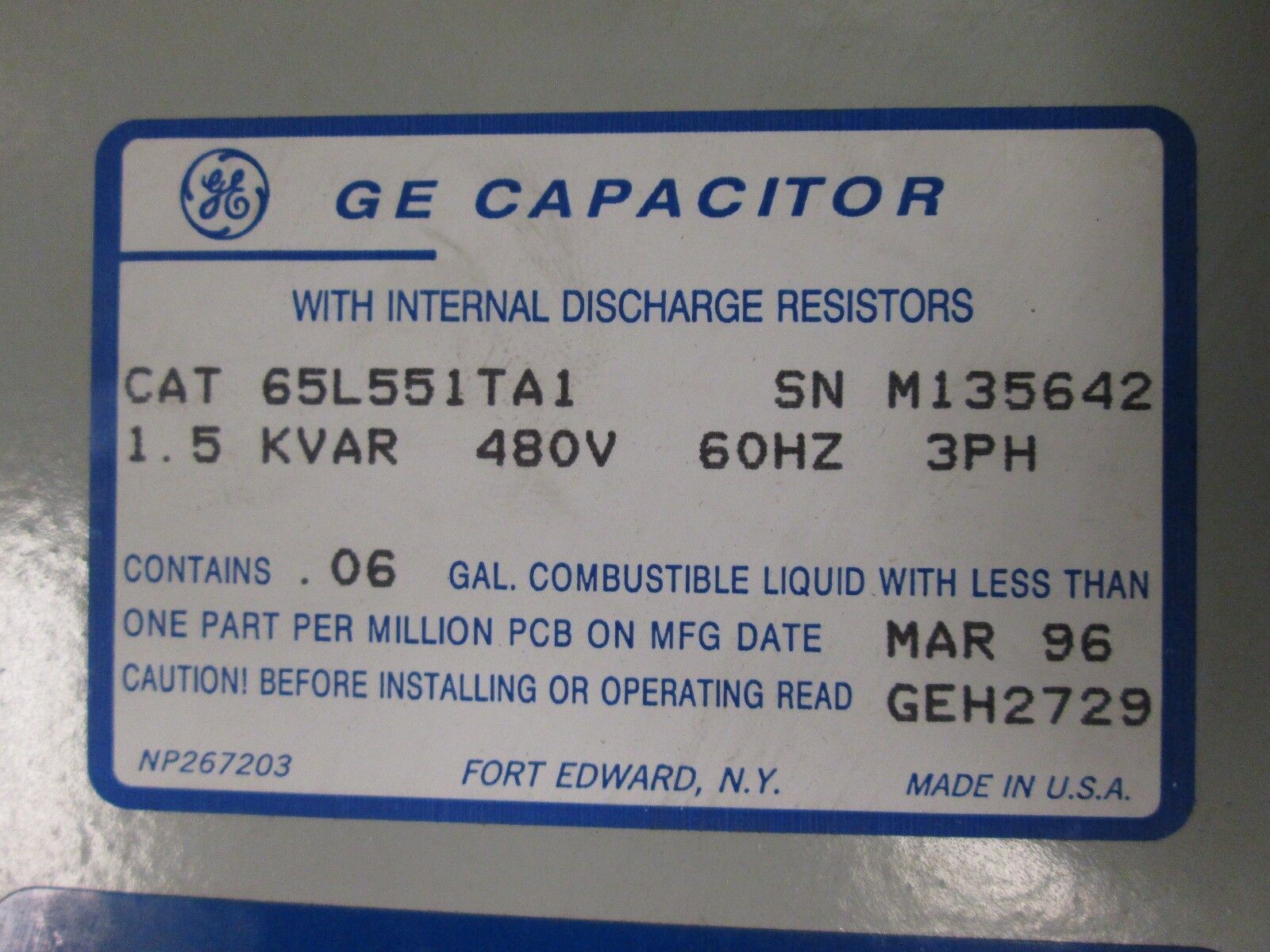 GE Capacitor 65L551TA1 1.5 KVAR 480V 3Ph New Surplus