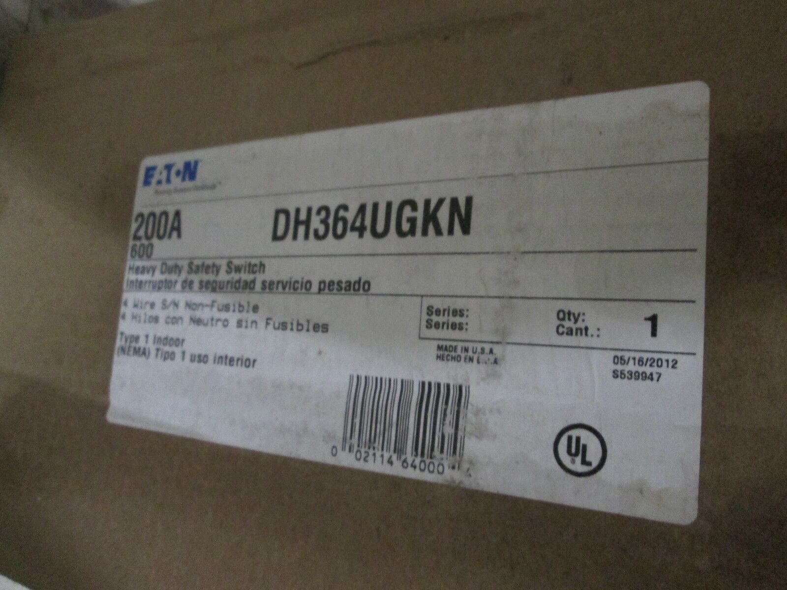 Cutler-Hammer Non-fusible Safety Switch DH364UGKN 200A 600V New Surplus