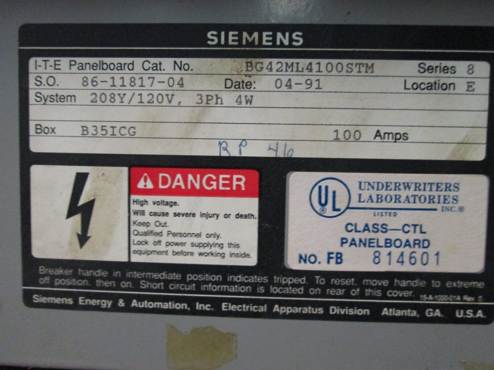 Siemens Main Lug Breaker Panel BG42ML4100STM 100A Main Lug 208Y/120V 3Ph 4W Used