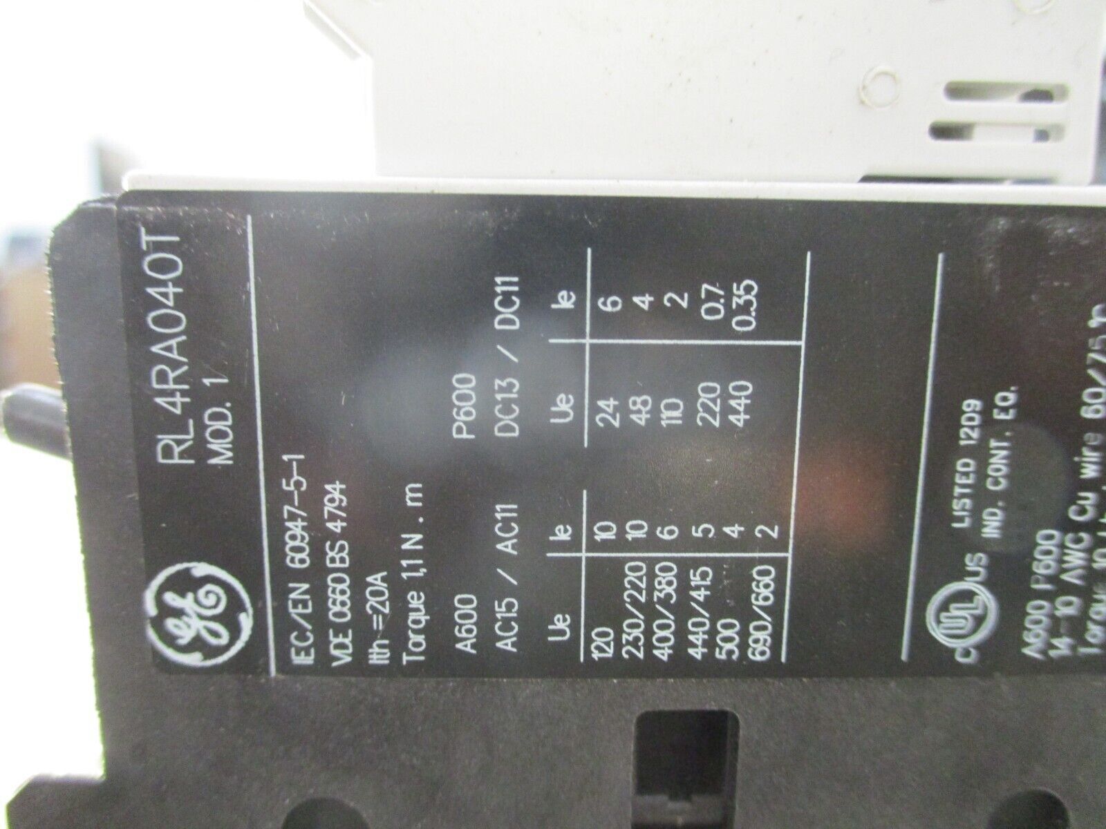 GE Contactor RL4RA040T 120V Coil w/ Aux Contact Block Used