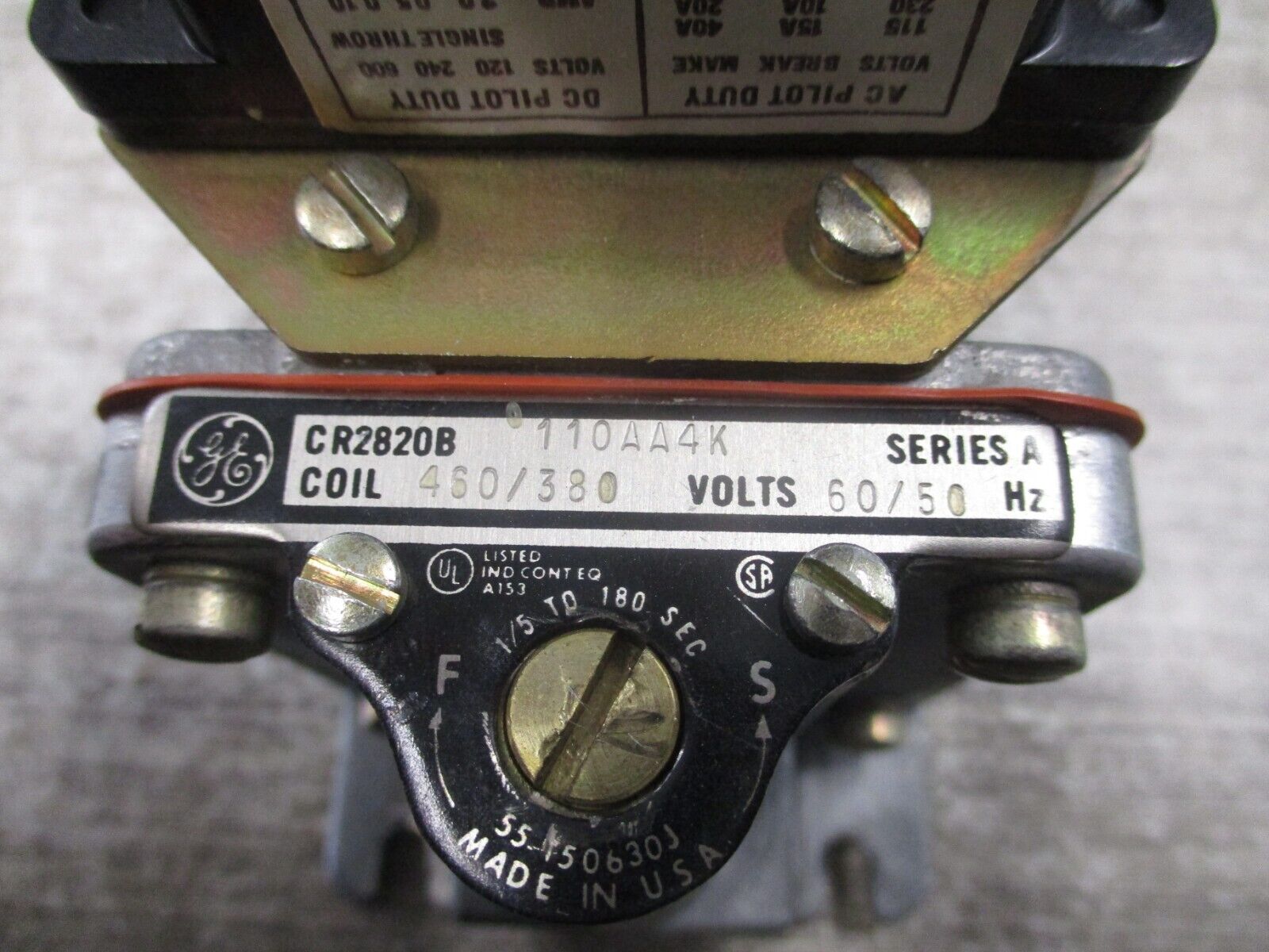 GE Time Delay Relay CR2820B 110AA4K Ser. A 460V Coil Delay; 1/5-180 Sec