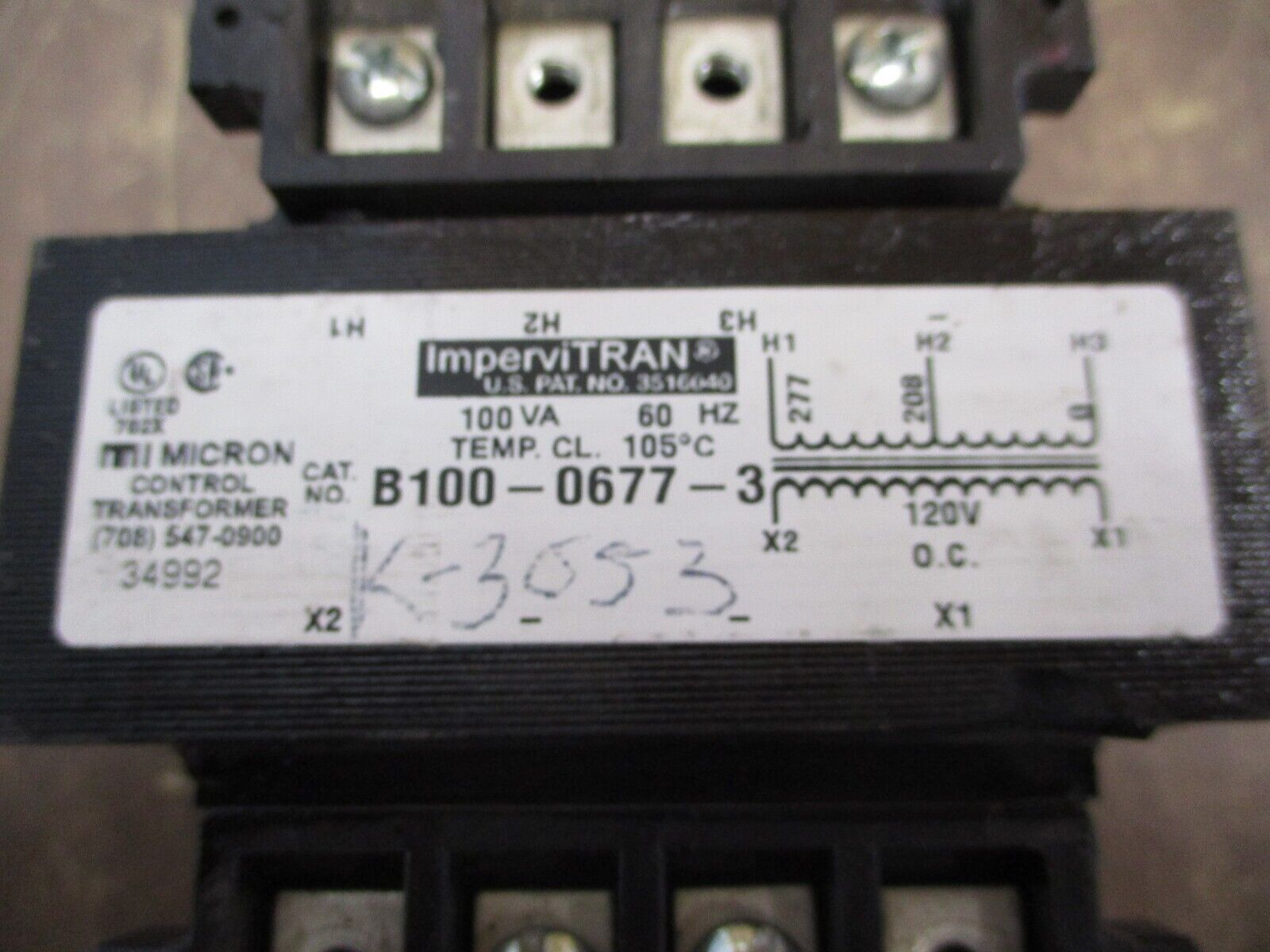 Micron ImperviTRAN Control Transformer B100-0677-3 100VA Pri: 208/277V Sec: 120V