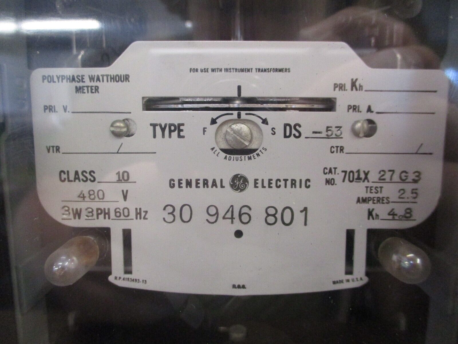 GE Type DS-53 Kilowatthour Meter 701X27G3 480V 3W 3Ph 60Hz Used