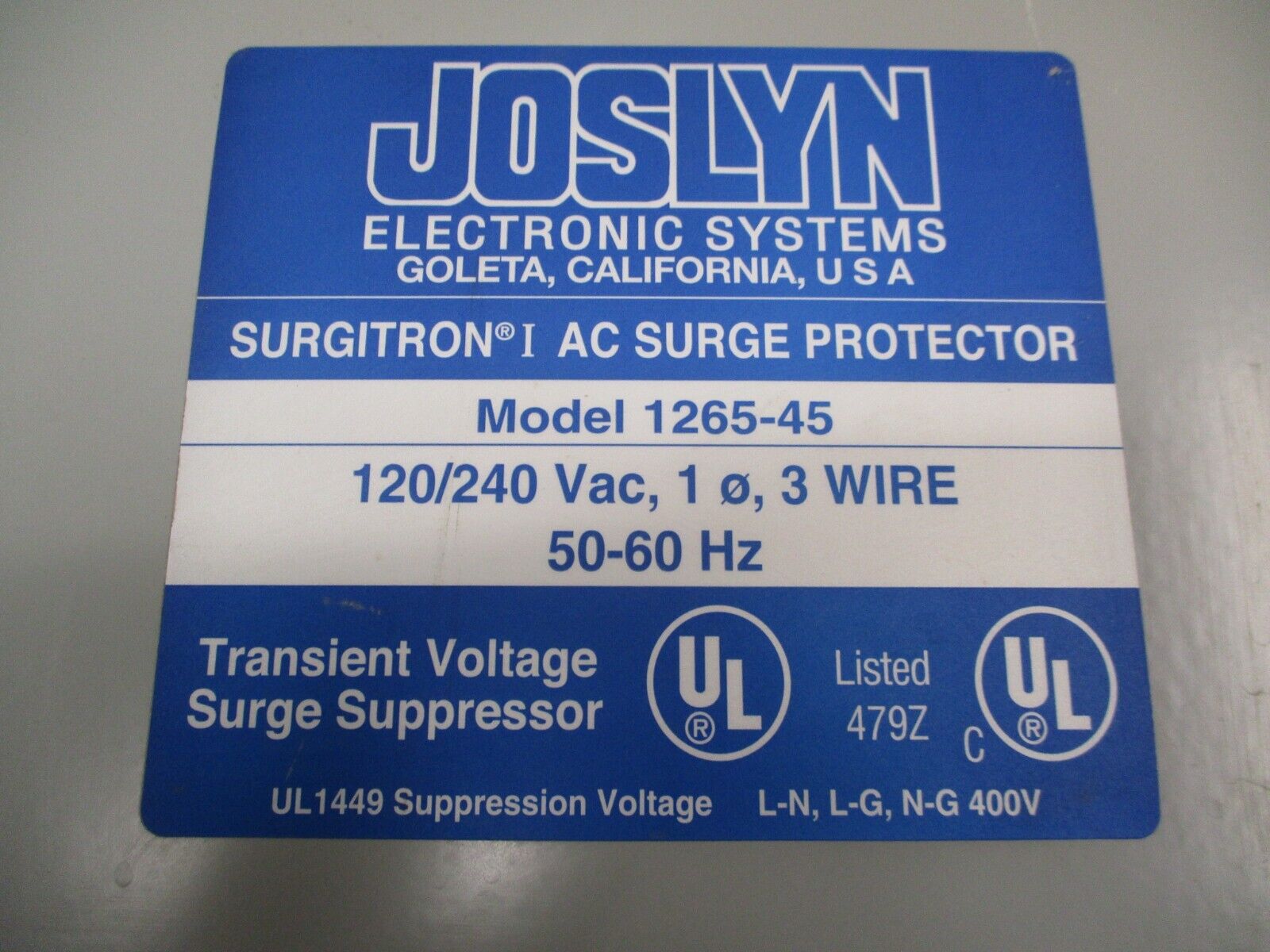 Joslyn Surgitron I AC Surge Protector 1265-45 120/240V 1Ph 3W 50/60Hz Used