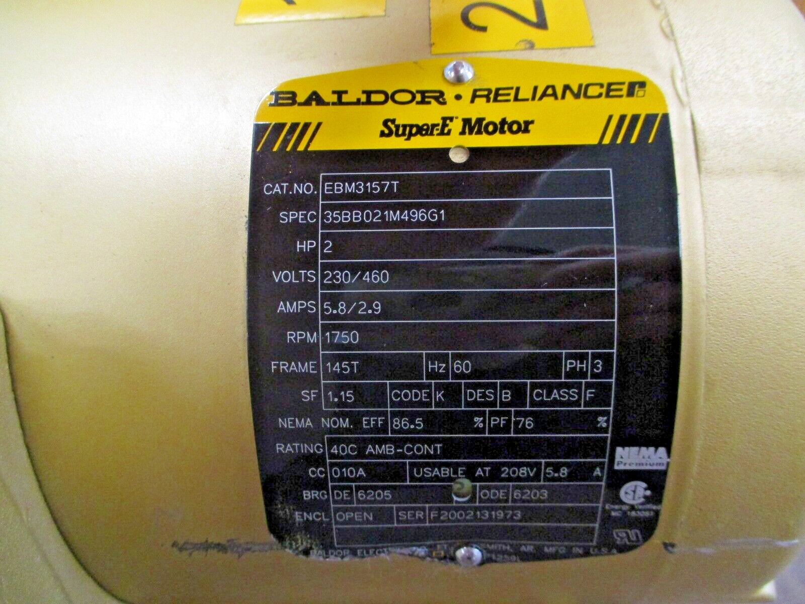Baldor AC Motor w/ Brake EBM3157T 2HP 1800RPM 230/460V 5.8/2.9A 3Ph 60Hz Used