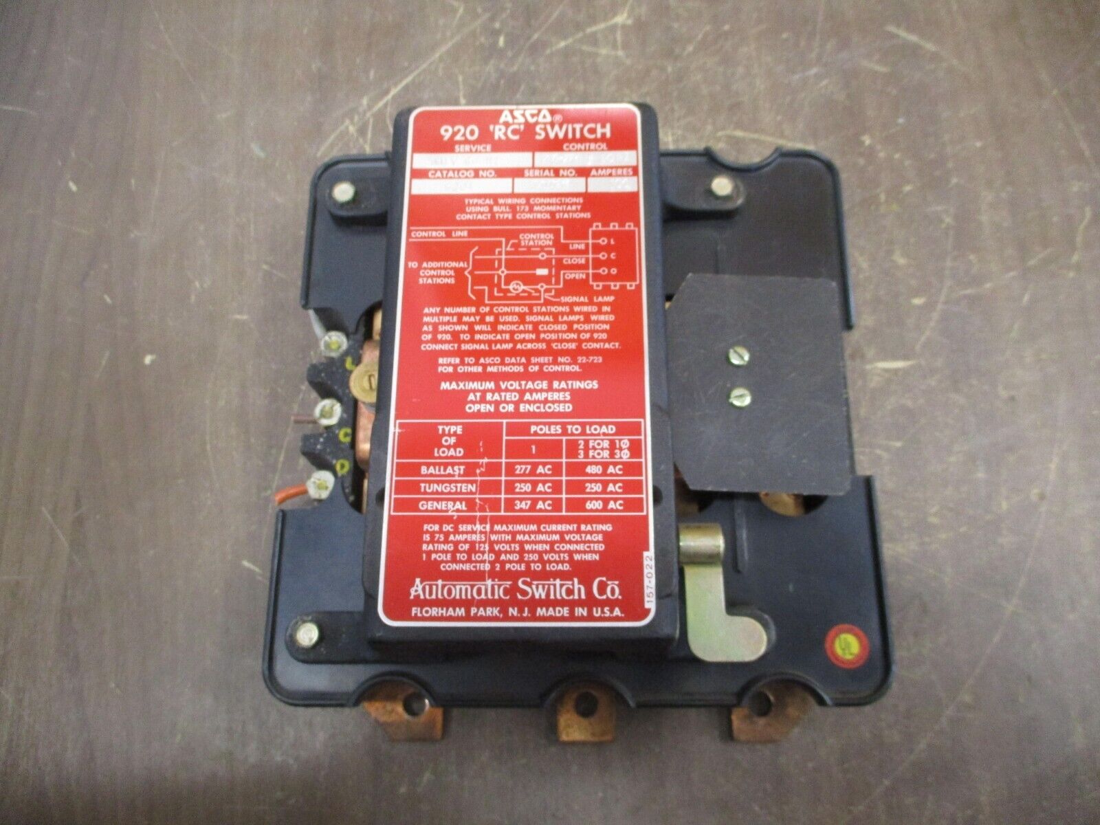 Asco 920 RC Switch 9204 100A 600V 60Hz Control: 265-277V Used