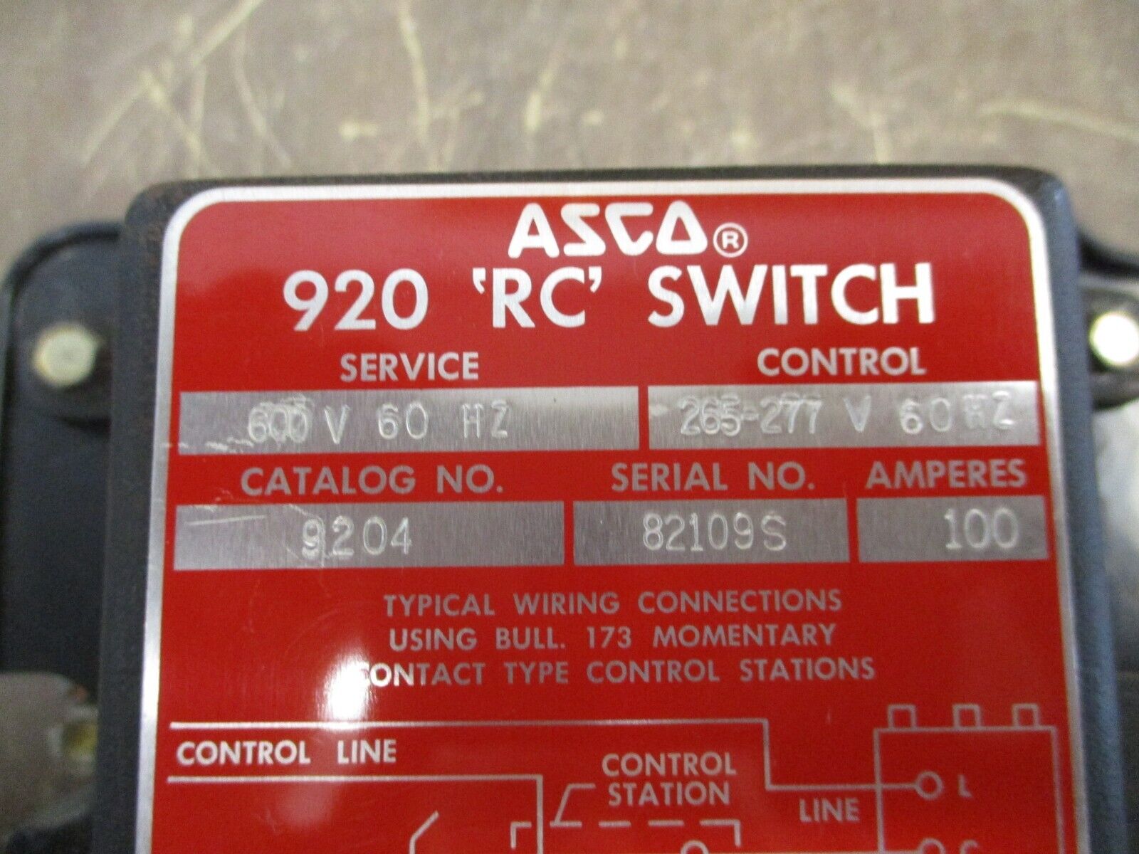 Asco 920 RC Switch 9204 100A 600V 60Hz Control: 265-277V Used