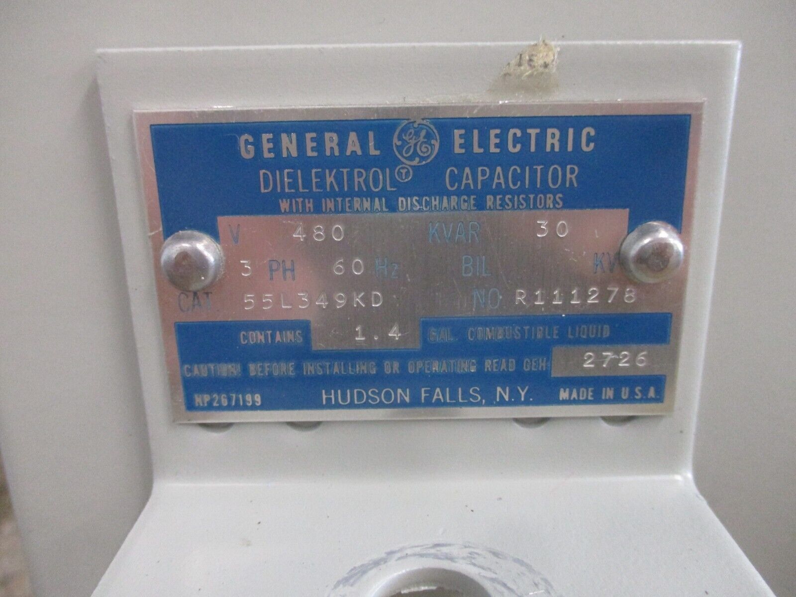 GE Dielektrol Capacitor 55L349KD 30KVAR 480V 60Hz 3Ph Used