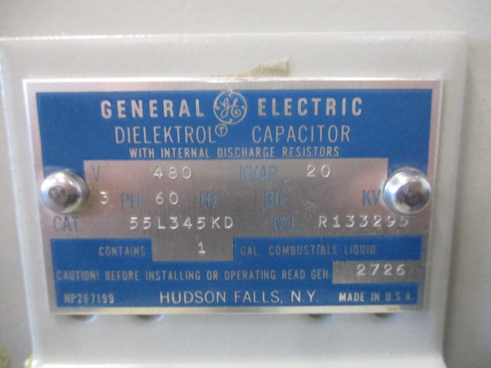 GE Dielektrol Capacitor 55L345KD 20 KVAR 480V 60Hz 3Ph Used