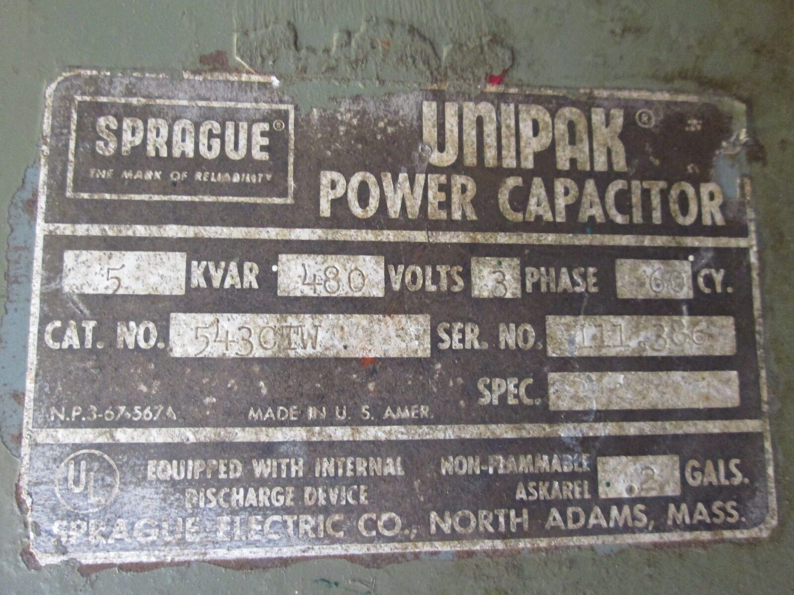 Unipak Power Capacitor 5430IW 480V 5KVAR 3Ph 60Hz Used