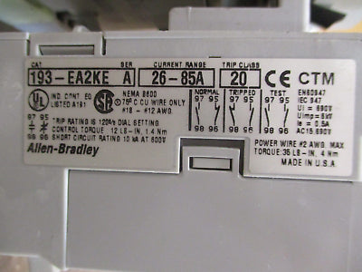 Allen-Bradley Starter 100-C60*00/193-EA2KE 120V Coil Trip: 26-85A 600V Used