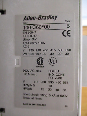 Allen-Bradley Starter 100-C60*00/193-EA2KE 120V Coil Trip: 26-85A 600V Used
