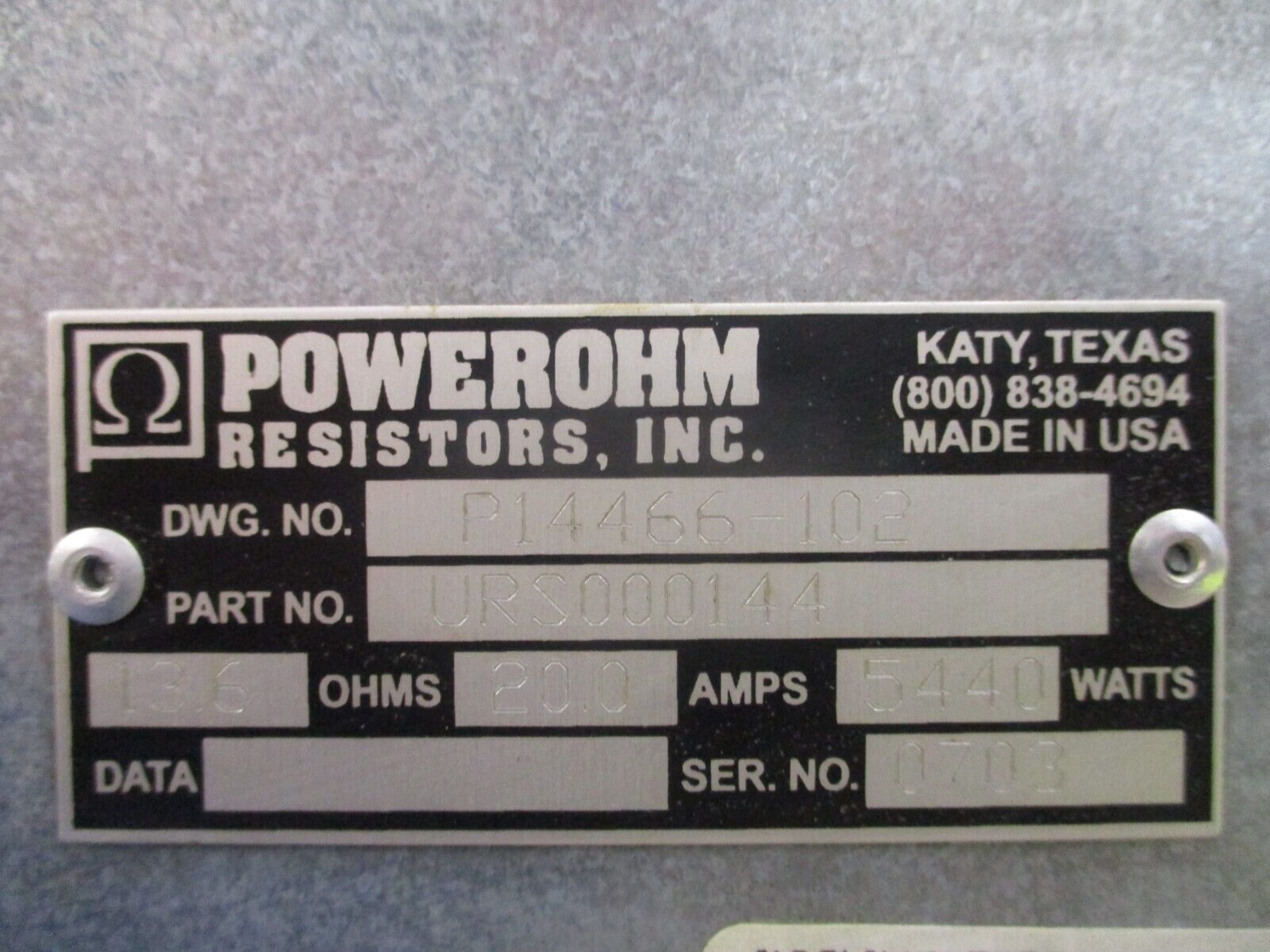 Powerohm Braking Resistor URS000144 13.6 ohms 20A 5440W Used