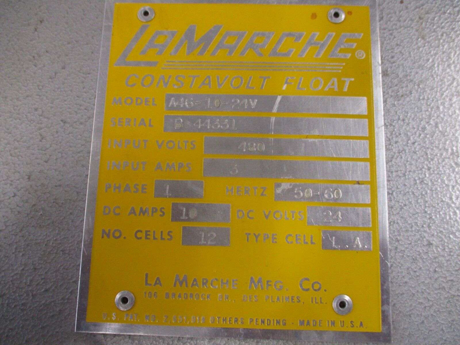 LaMarche ConstaVolt Float Battery Charger A46-10-24V Input: 480V 1Ph 50-60Hz