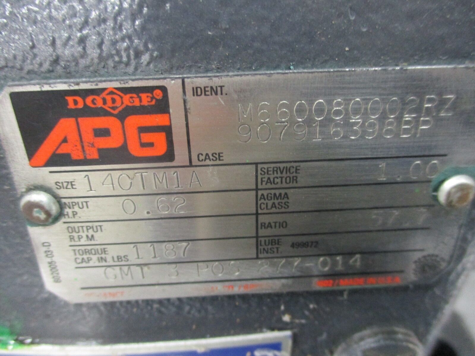 Dodge APG Gear M660080002RZ Size: 140TM1A Ratio: 57.7 1187 Torque In-LBS Used