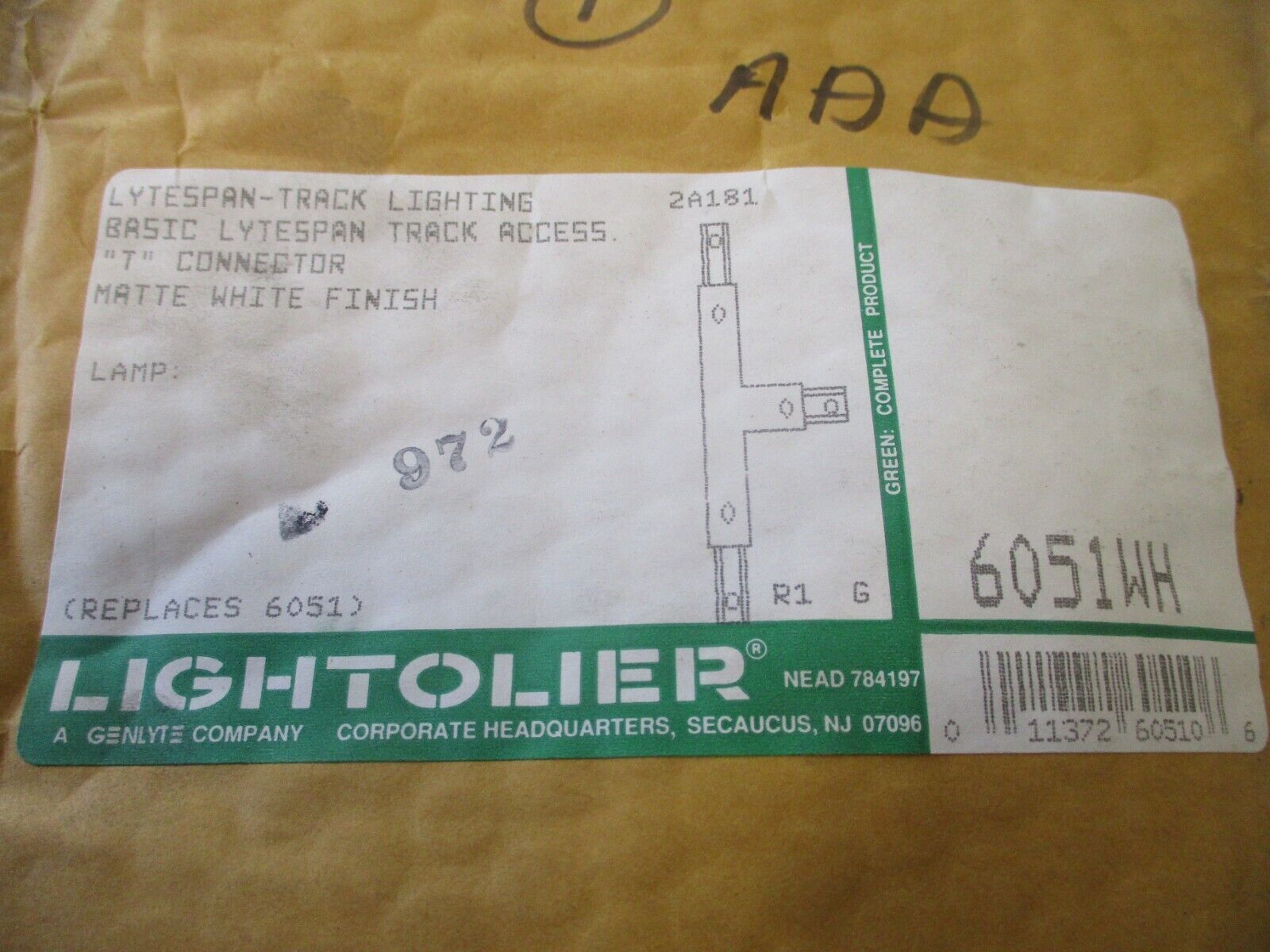 Lightolier Lytespan-Track Lighting T Connector 6051WH Matte White *New Surplus*