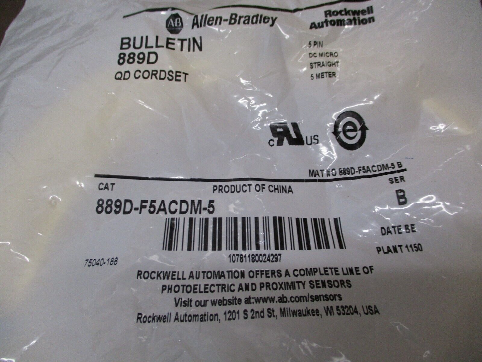 Allen-Bradley QD Cordset 889D-F5ACDM-5 Ser. B 5-Pin DC Micro Straight 5 Meter