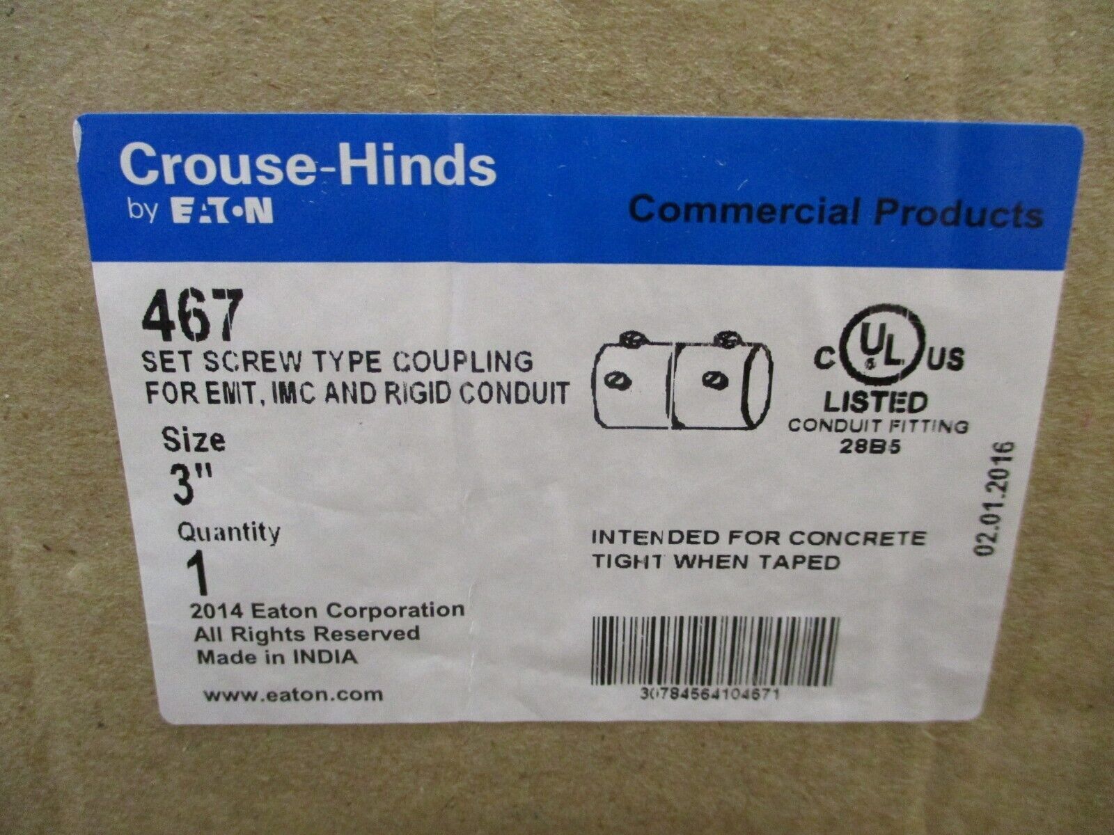 Eaton Crouse-Hinds Set Screw Coupling 467 EMT, IMC, Rigid Conduit Size: 3"