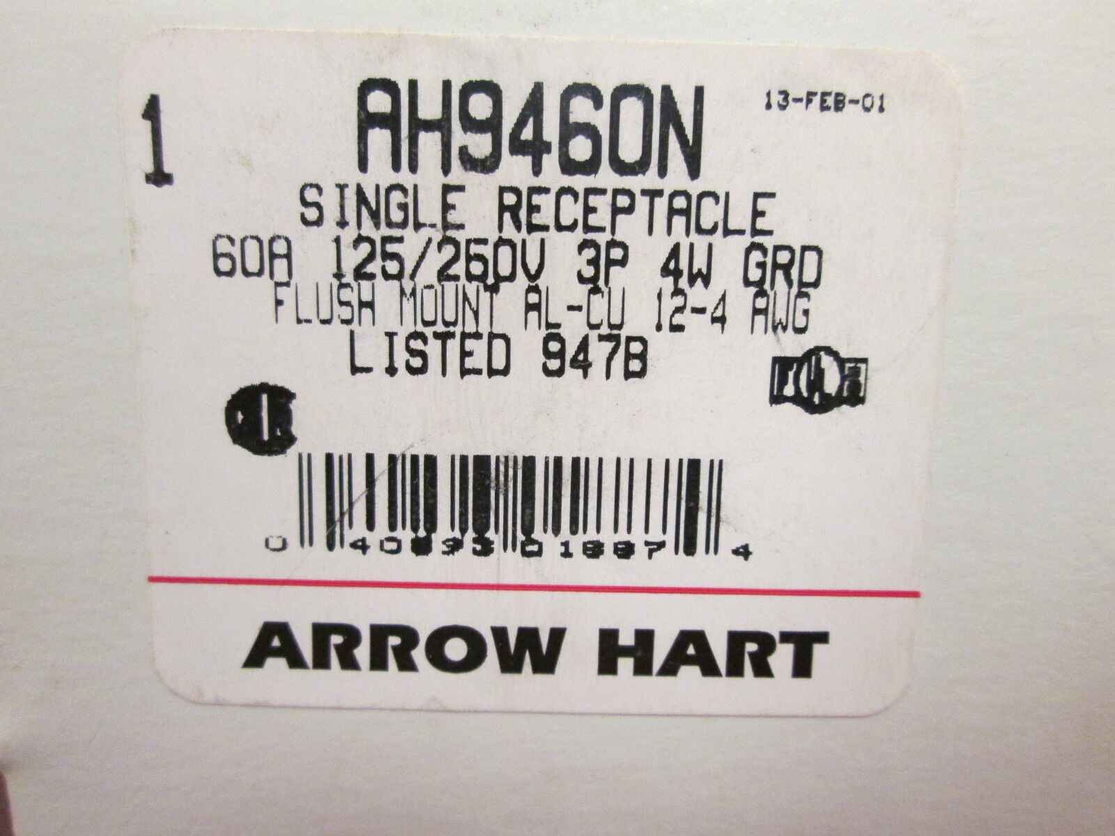 Arrow Hart AH9460N 60A 125/250V 4W New Surplus