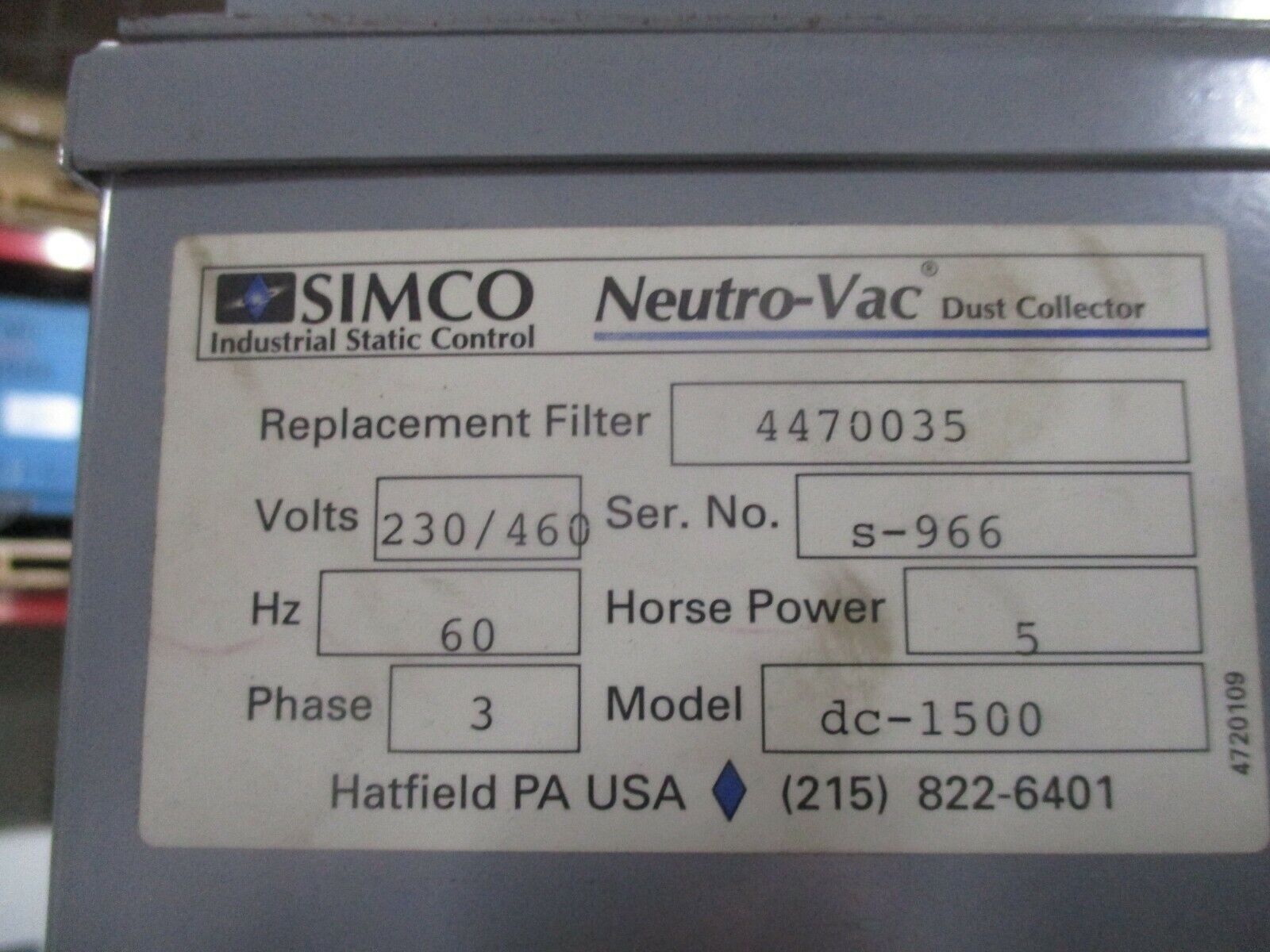 Simco Neutro-Vac Dust Collector DC-1500 5HP 230/460V 60Hz 3Ph Used