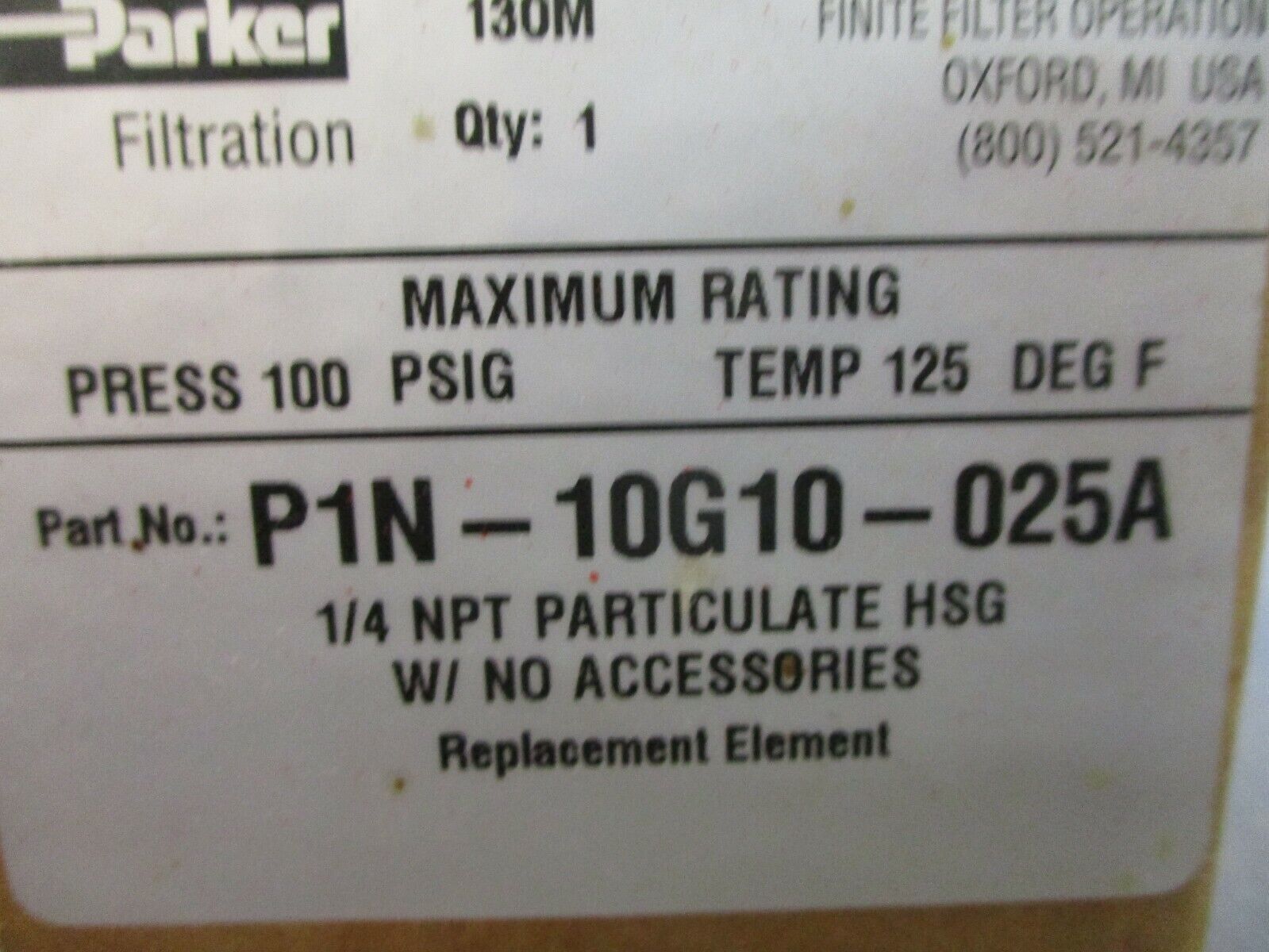 Parker Filter Element P1N-10G10-025A 100PSIG 125°F New Surplus