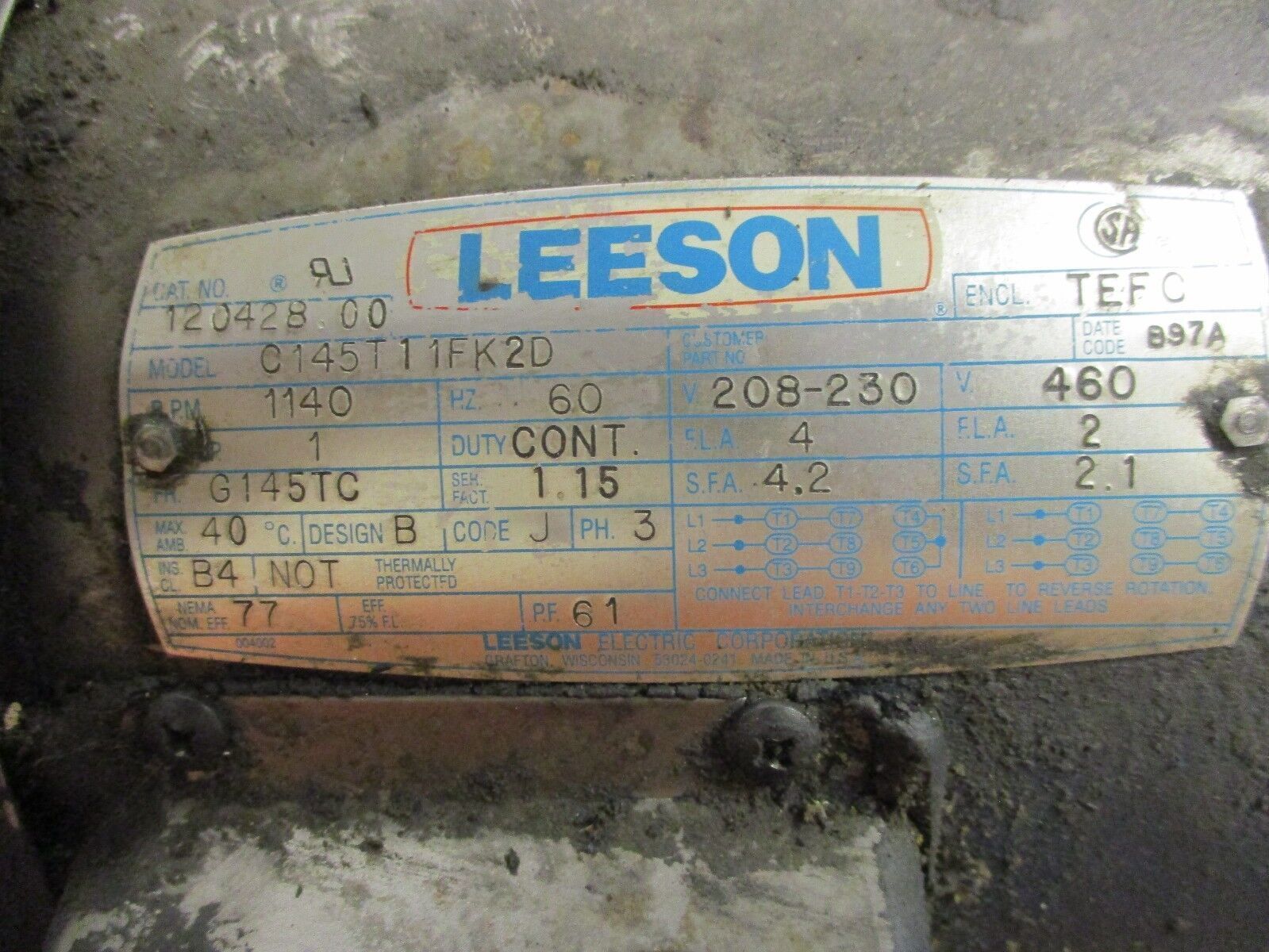 Leeson C145T11FK2D Motor w/ Gear 120428.00 1HP 1200RPM FR:G145TC ENCL:TEFC Used