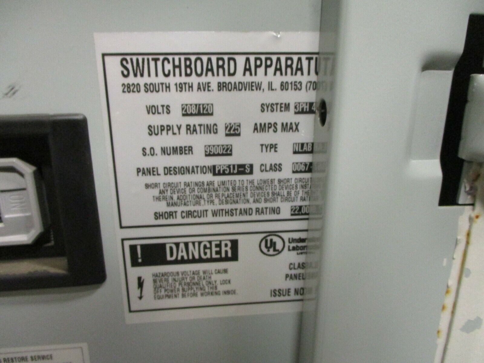 Switchboard Apparatus Main Breaker Circuit Breaker Panel 990022 225A Max 3Ph 4W