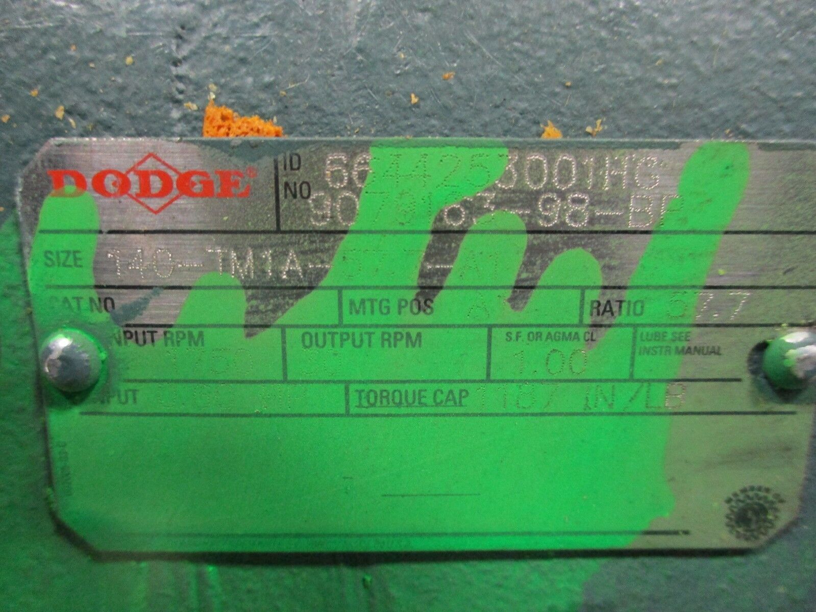 Dodge Gear 6644253001HG 1750RPM In 30RPM Out Ratio: 57.7 Used