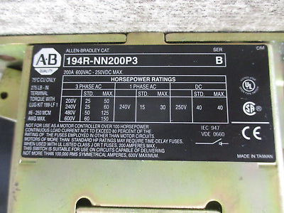 Allen-Bradley Fusible Disconnect Switch 194R-NN200P3 Ser. B 200A 600V 3P