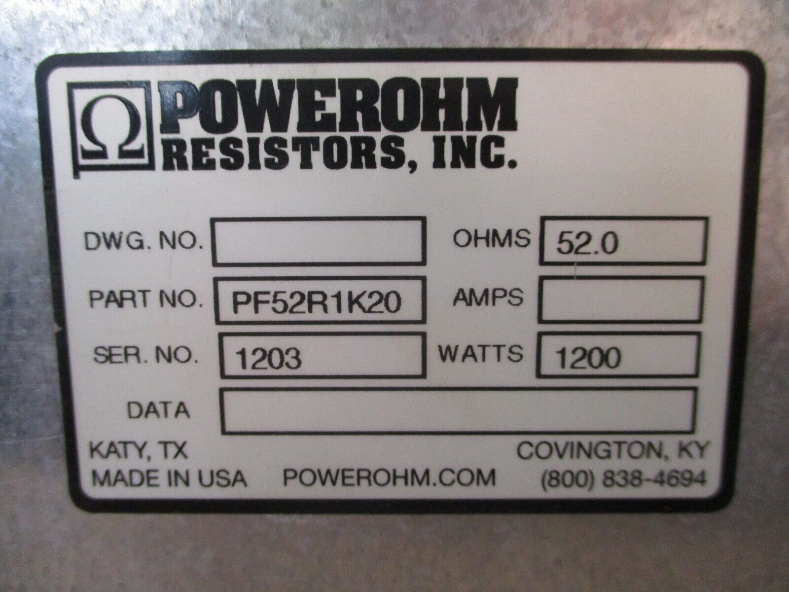 Powerohm Braking Resistor PF52R1K20 1200W 52.0 Ohms *No Cover Screws* Used