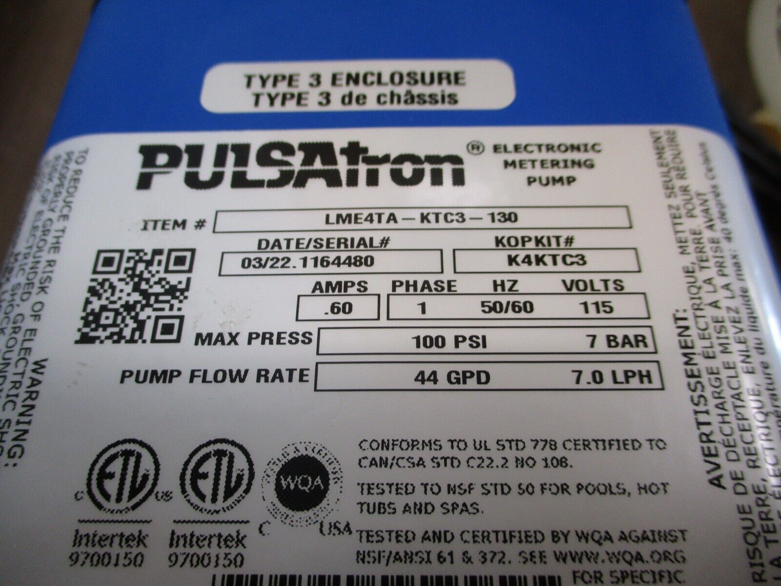 Pulsatron Electronic Metering Pump LME4TA-KTC3-130 44GPD/7.0LPH 115V 0.60A