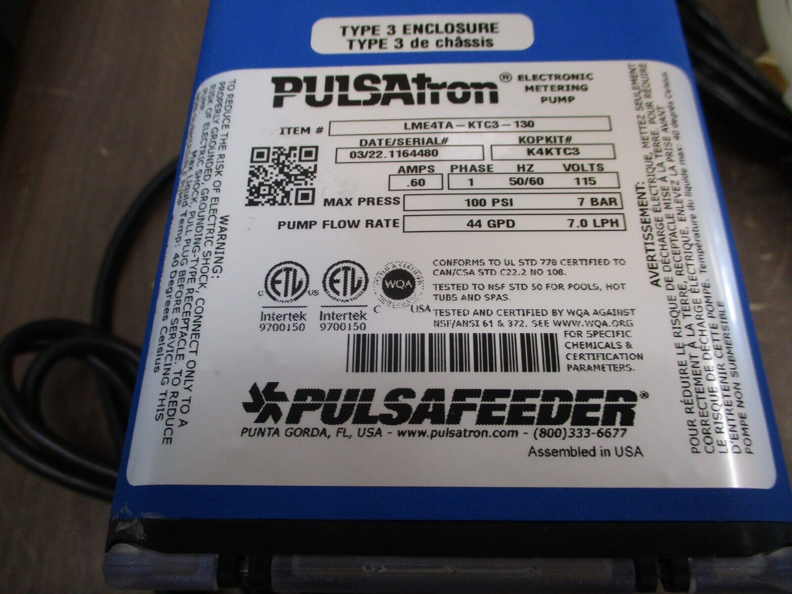 Pulsatron Electronic Metering Pump LME4TA-KTC3-130 44GPD/7.0LPH 115V 0.60A