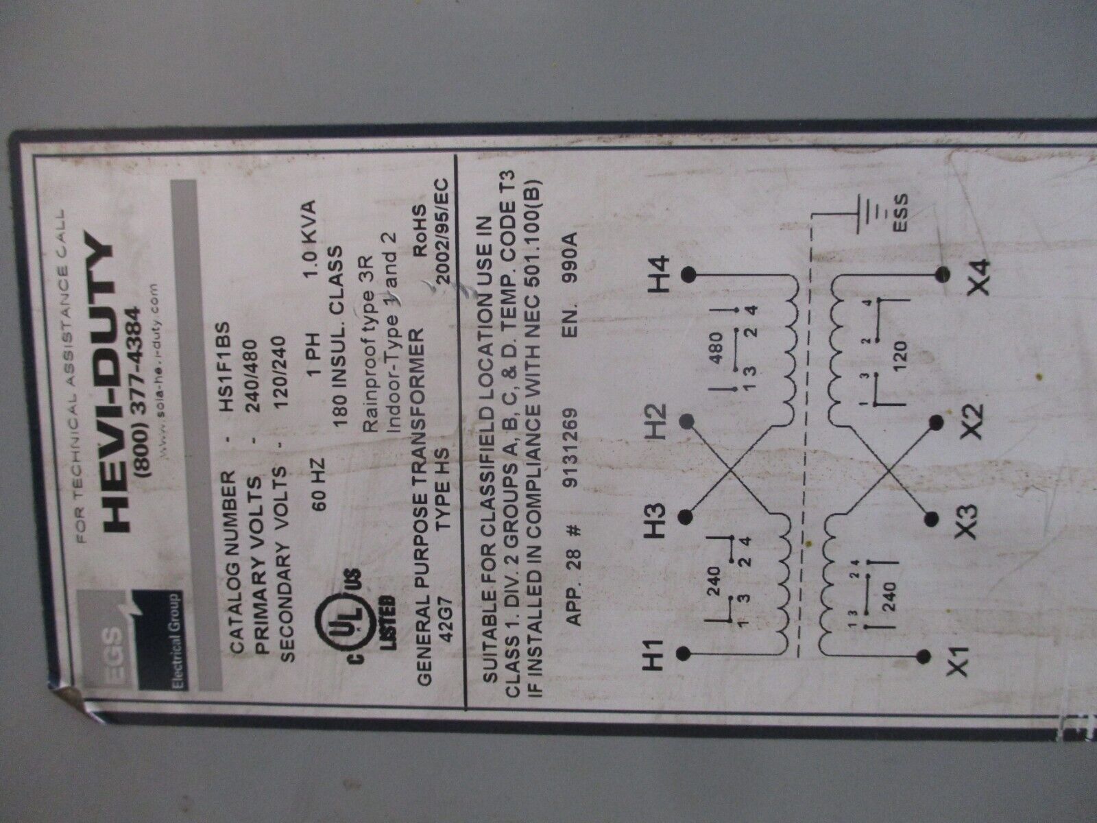 Hevi-Duty Transformer HS1F1BS 1.0kVA Pri: 240/480V Sec: 120/240 60Hz 3Ph